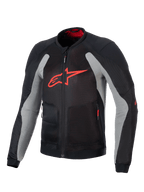 Alpinestars Troop-Air jas, technische motorjas, zwart en asgrijs met felrood, voorzien van een groot rood A-star-logo op de borst, mesh-constructie voor luchtstroom en technisch rijontwerp.