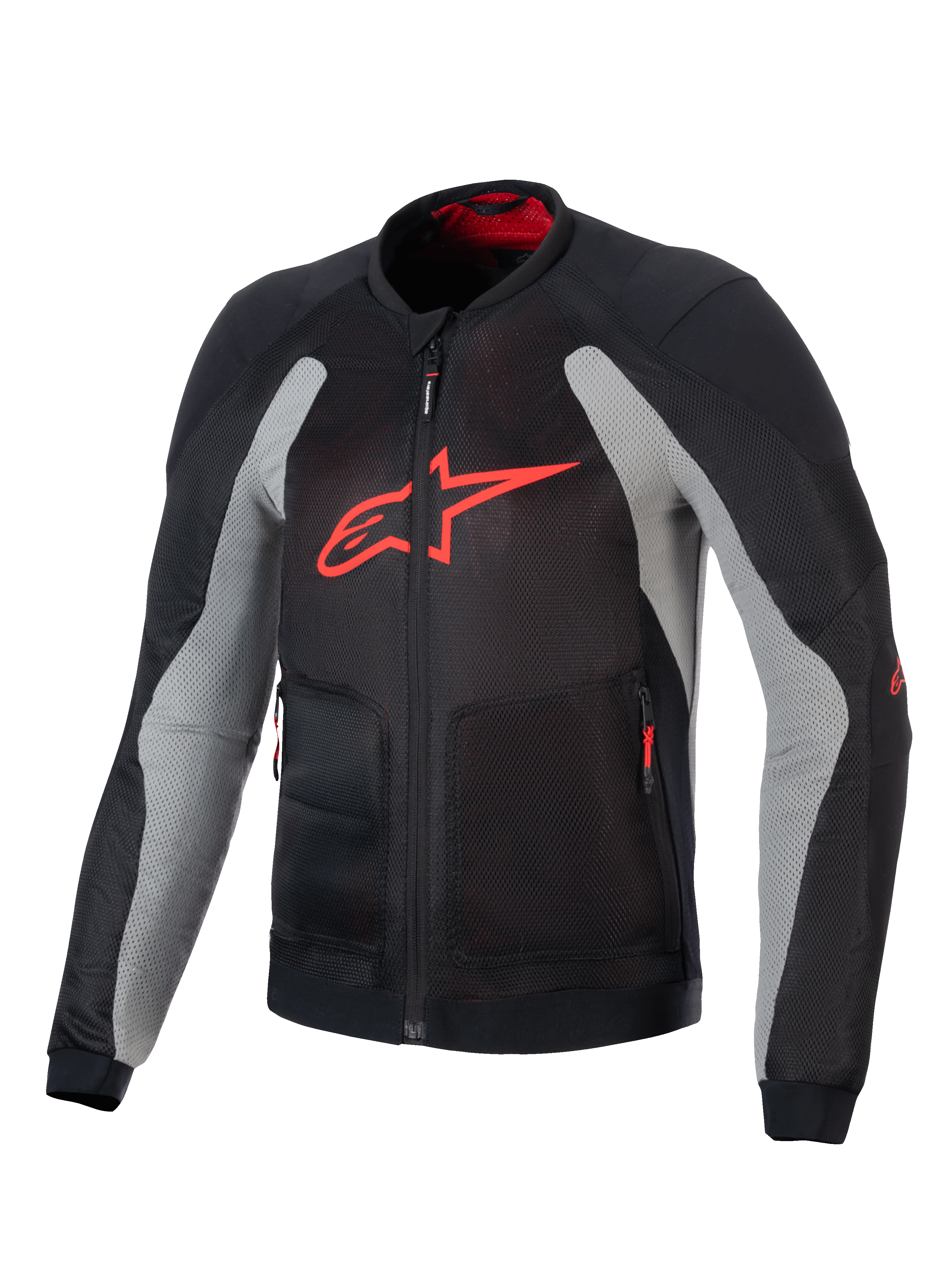 Alpinestars Troop-Air jas, technische motorjas, zwart en asgrijs met felrood, voorzien van een groot rood A-star-logo op de borst, mesh-constructie voor luchtstroom en technisch rijontwerp.