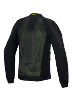 Alpinestars Troop-Air Jacket, technische motor mesh-jas, zwart en fluoriserend geel, achteraanzicht met grote 2D tech mesh-panelen voor ventilatie, geel Alpinestars-logo op de kraag en verstevigde textiele mouwen.