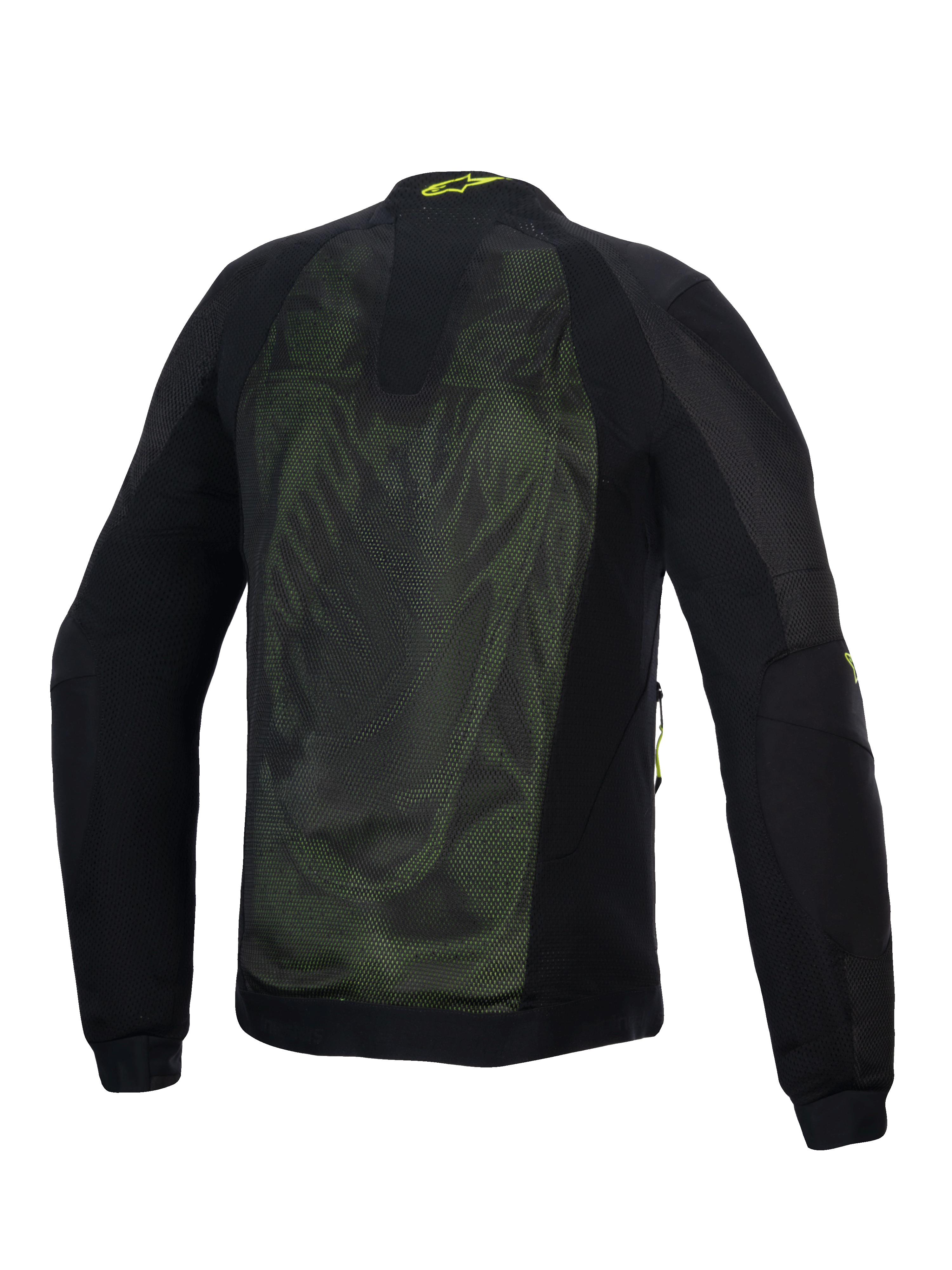 Alpinestars Troop-Air Jacket, technische motor mesh-jas, zwart en fluoriserend geel, achteraanzicht met grote 2D tech mesh-panelen voor ventilatie, geel Alpinestars-logo op de kraag en verstevigde textiele mouwen.