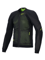 Alpinestars Troop-Air jas, geavanceerde motorjas met ventilatie, Zwart en Fluo Geel, voorzien van 2D tech mesh-constructie voor superieure luchtstroom, fluo geel Alpinestars-logo op de borst en mouw, lichtgewicht ademend ontwerp voor ritten op de weg in de zomer