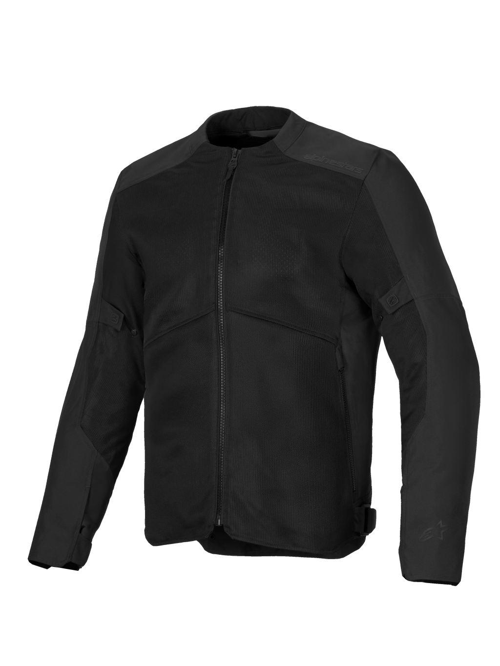 Alpinestars C-1 Air Jacket, zwarte motorjas, voorzien van grote mesh ventilatiepanelen, 450D polystof chassis, subtiele reliëf-branding op de schouders, strak urban contemporary design voor motorrijden in warm weer