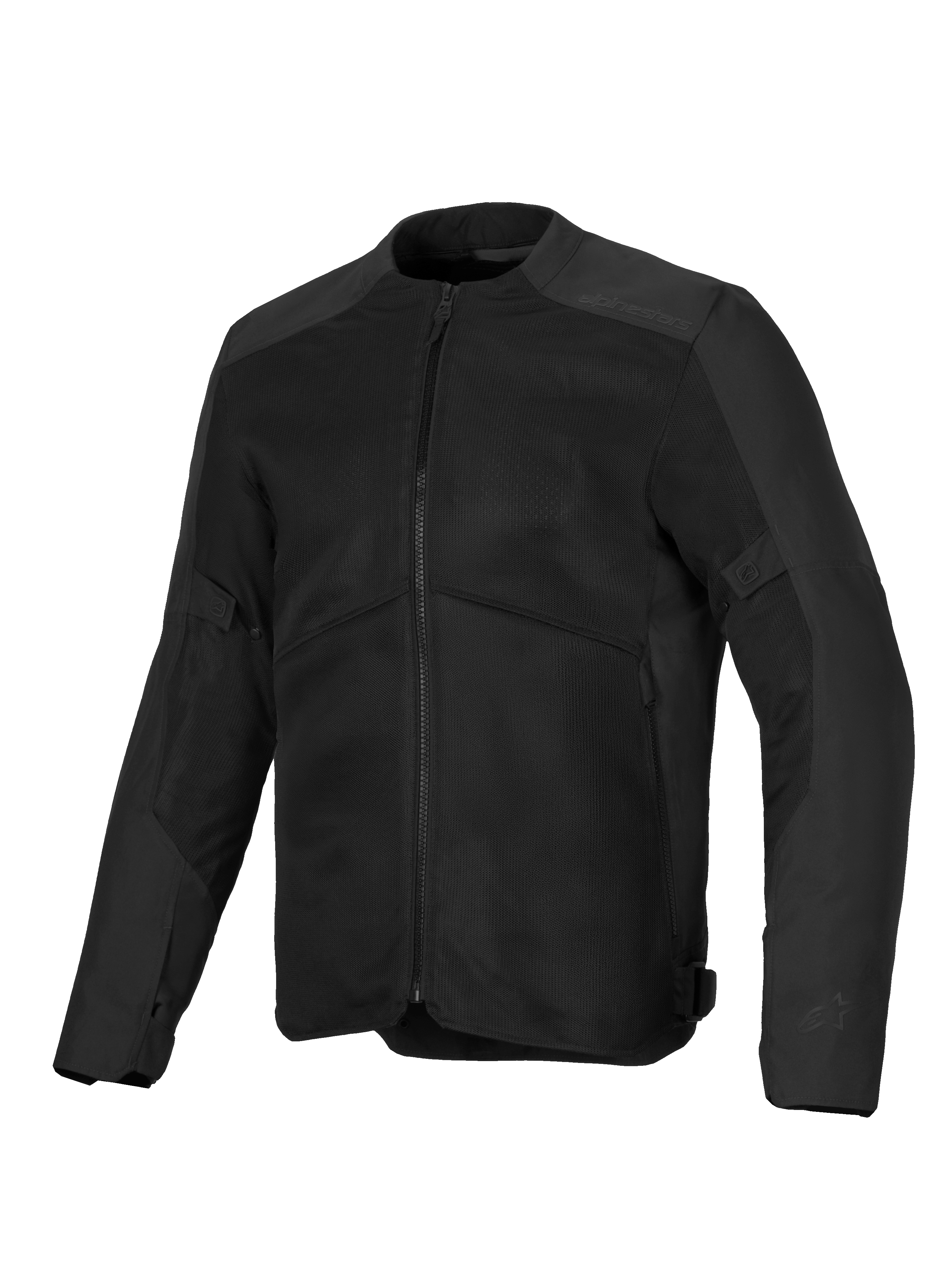 Alpinestars C-1 Air Jacket, zwarte motorjas, voorzien van grote mesh ventilatiepanelen, 450D polystof chassis, subtiele reliëf-branding op de schouders, strak urban contemporary design voor motorrijden in warm weer