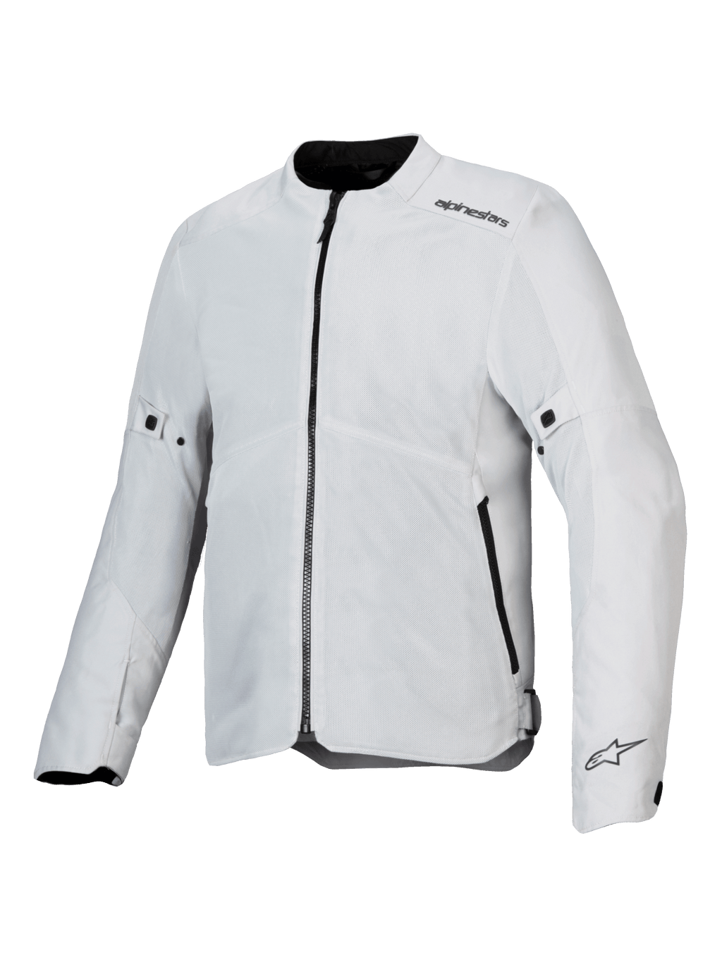 Alpinestars C-1 Air Jacket, motorjas, zilver, lichtgewicht textielconstructie met tech mesh-panelen, vooraanzicht met centrale zwarte rits en zijzakken, Alpinestars-logo's op de schouder en manchet, urban commuting-stijl
