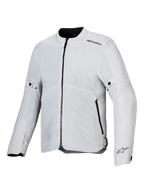 Alpinestars C-1 Air Jacket, motorjas, zilver, lichtgewicht textielconstructie met tech mesh-panelen, vooraanzicht met centrale zwarte rits en zijzakken, Alpinestars-logo's op de schouder en manchet, urban commuting-stijl