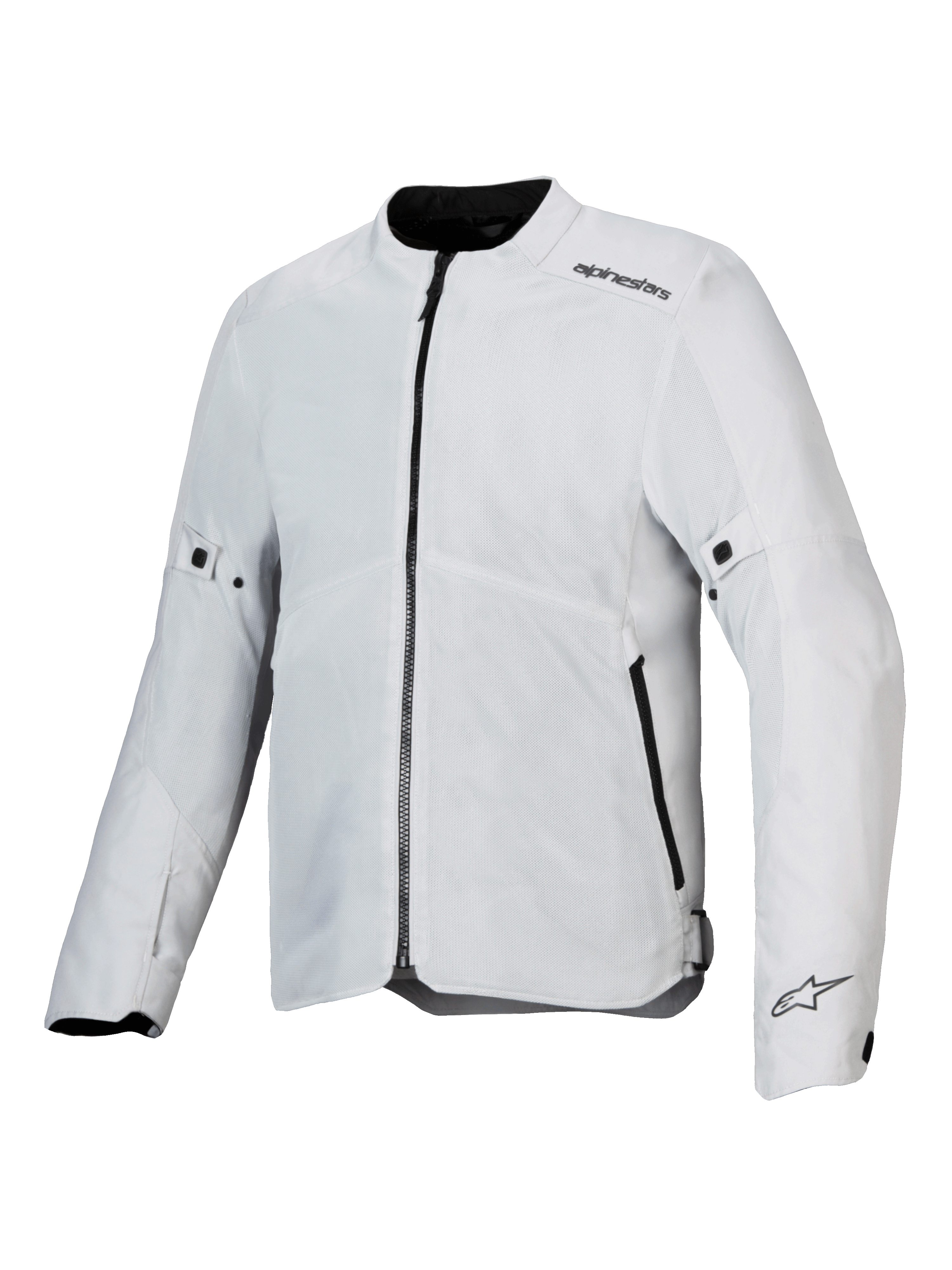 Alpinestars C-1 Air Jacket, motorjas, zilver, lichtgewicht textielconstructie met tech mesh-panelen, vooraanzicht met centrale zwarte rits en zijzakken, Alpinestars-logo's op de schouder en manchet, urban commuting-stijl