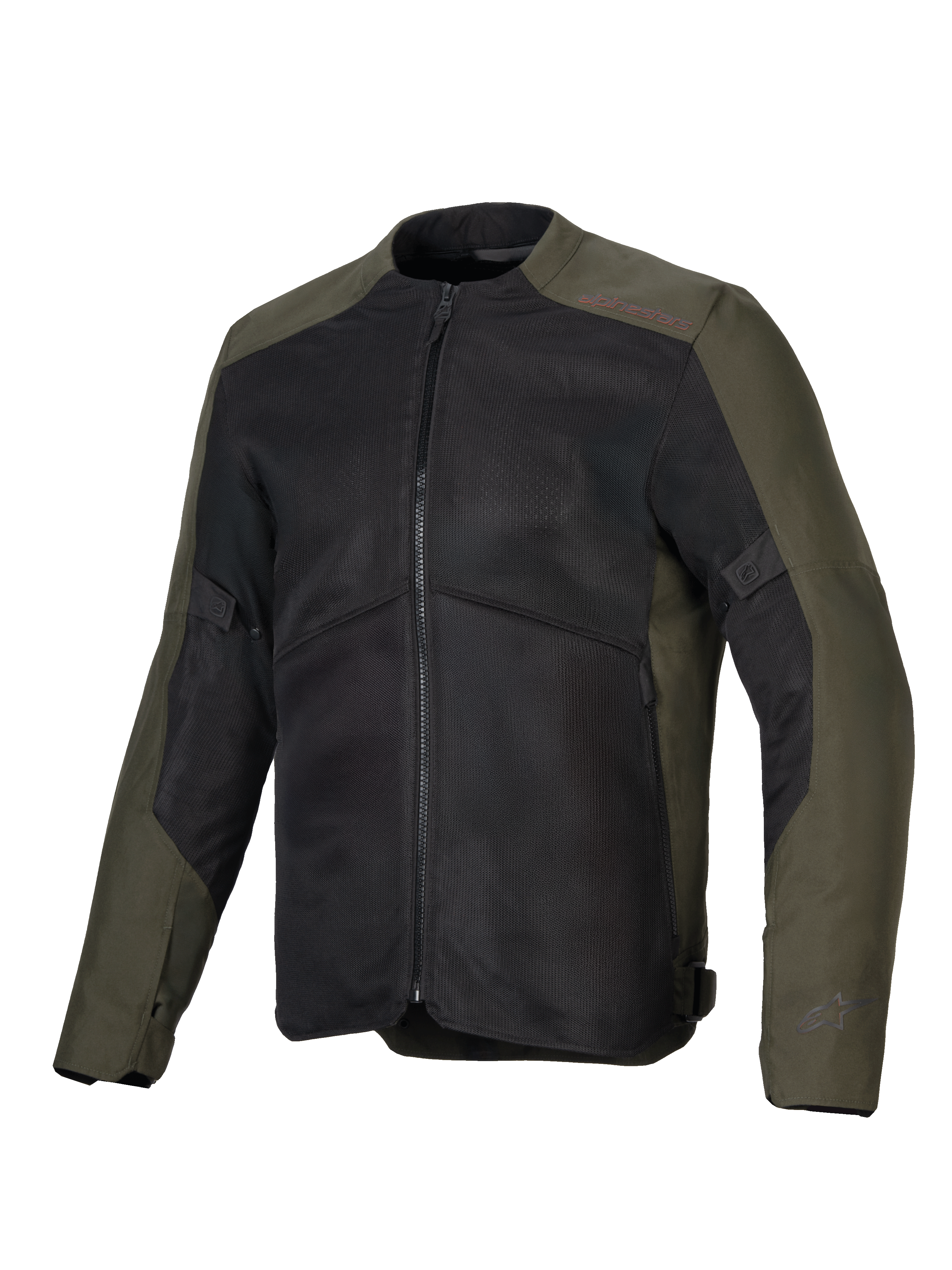 Alpinestars C-1 Air Jas, motorjas, kaki en zwart, voorzien van grote mesh-panelen voor ventilatie, 450D polystof constructie, verfijnde reflecterende logo's op de mouwen en kraag, urban contemporary stijl voor woon-werkverkeer en toerritten