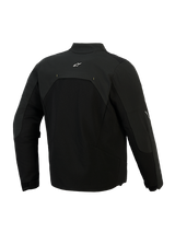 Alpinestars Provoke Jas, textiel motorjas, zwart, achteraanzicht met ripstop softshell-panelen en een klein wit logo op de bovenrug, technisch stedelijk ontwerp voor woon-werkverkeer op de motor