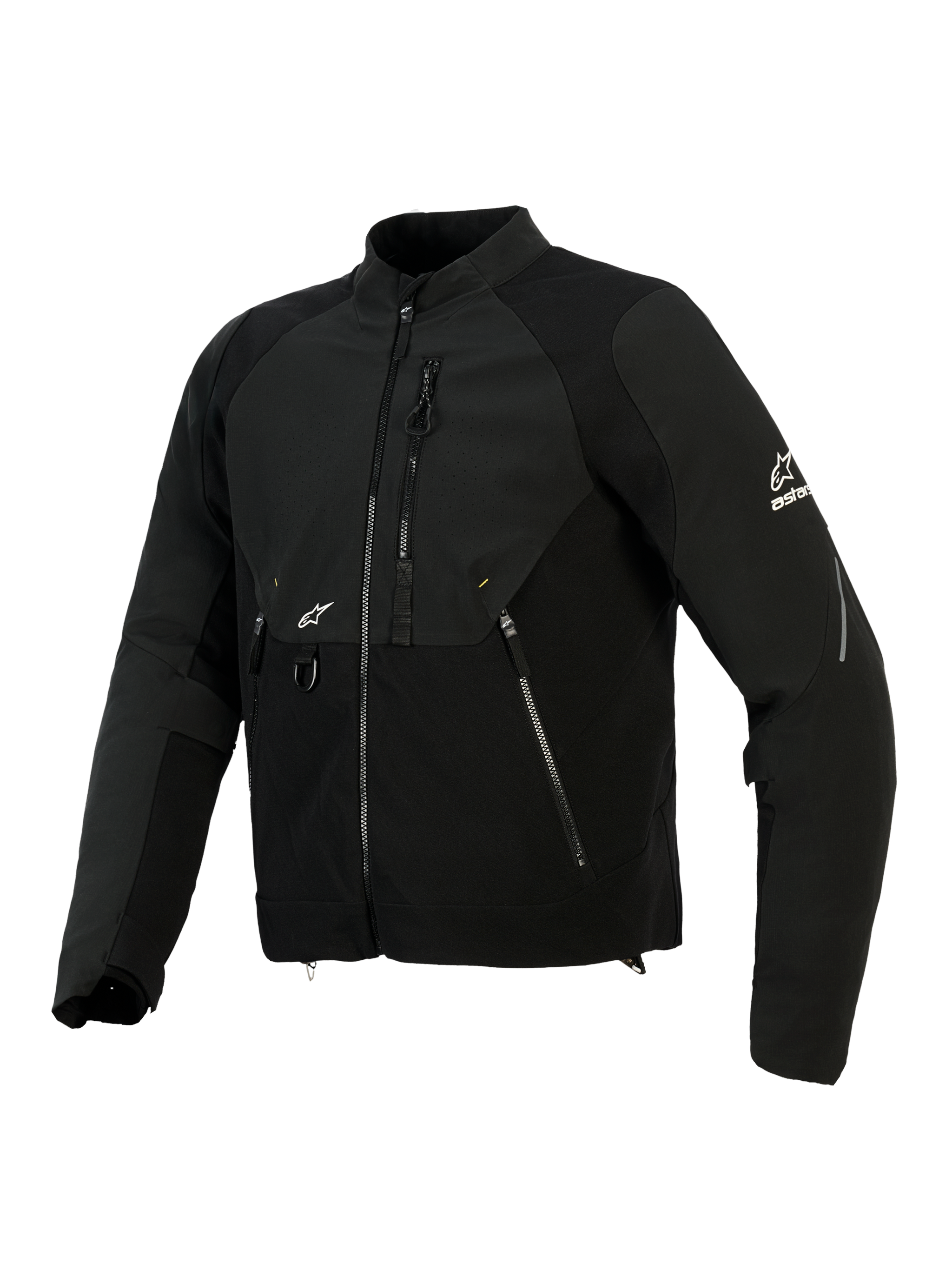 Alpinestars Provoke Jas, textiele motorjas, zwart, voorzien van ripstop softshell panelen, lasergeperforeerde borstzone, zakken met ritssluiting, wit Alpinestars-logo op de mouw en borst, urban contemporary motorkleding