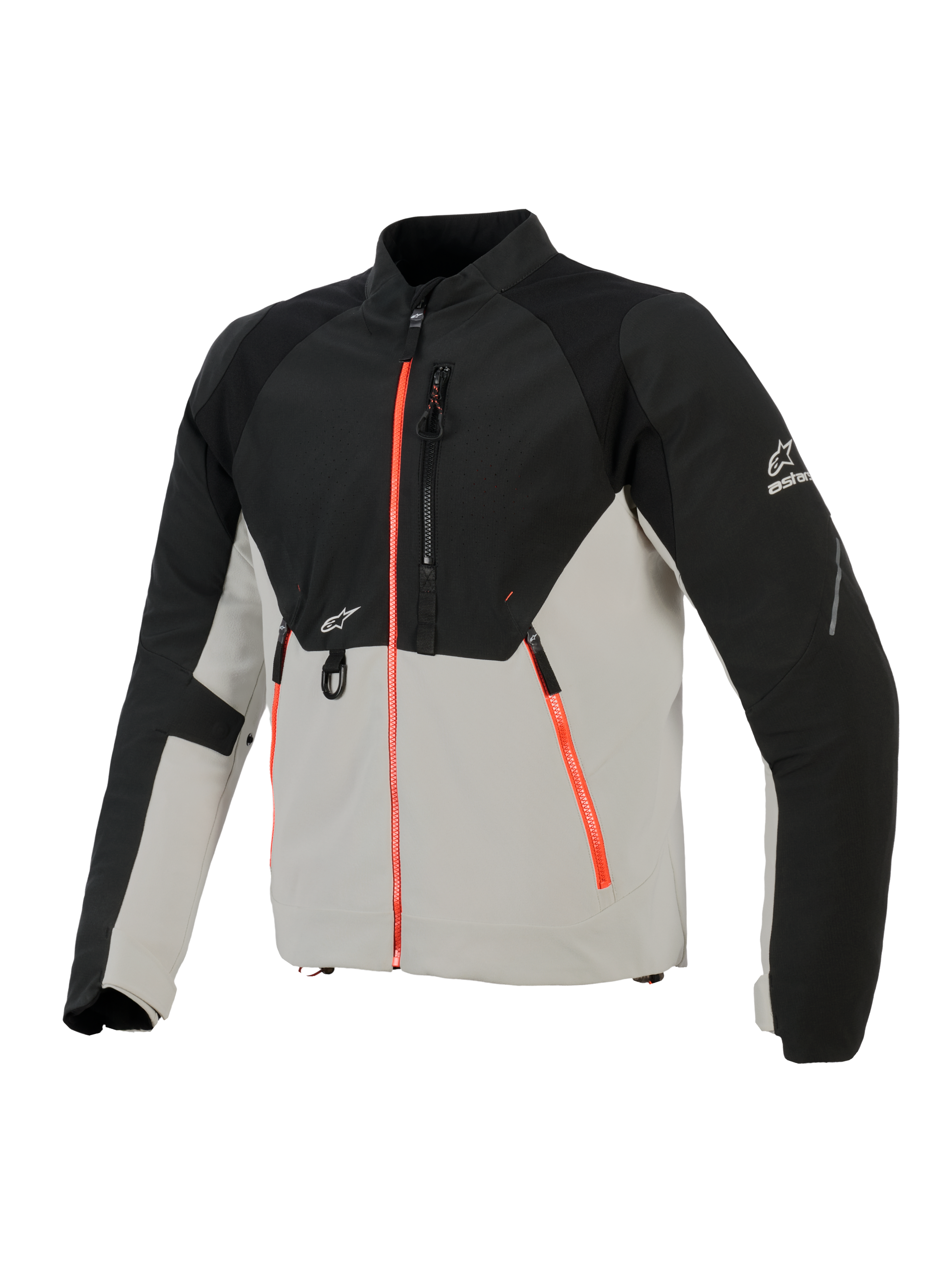 Alpinestars Provoke Jacket, stedelijk motorjack, zwart en metaalgrijs met fluorescerend rode ritsaccenten, voorzien van lasergeperforeerde borstpanelen, ripstop softshell-versterkingen en D-ring bevestiging aan de voorzijde, straatklaar ontwerp voor rijden bij warm weer