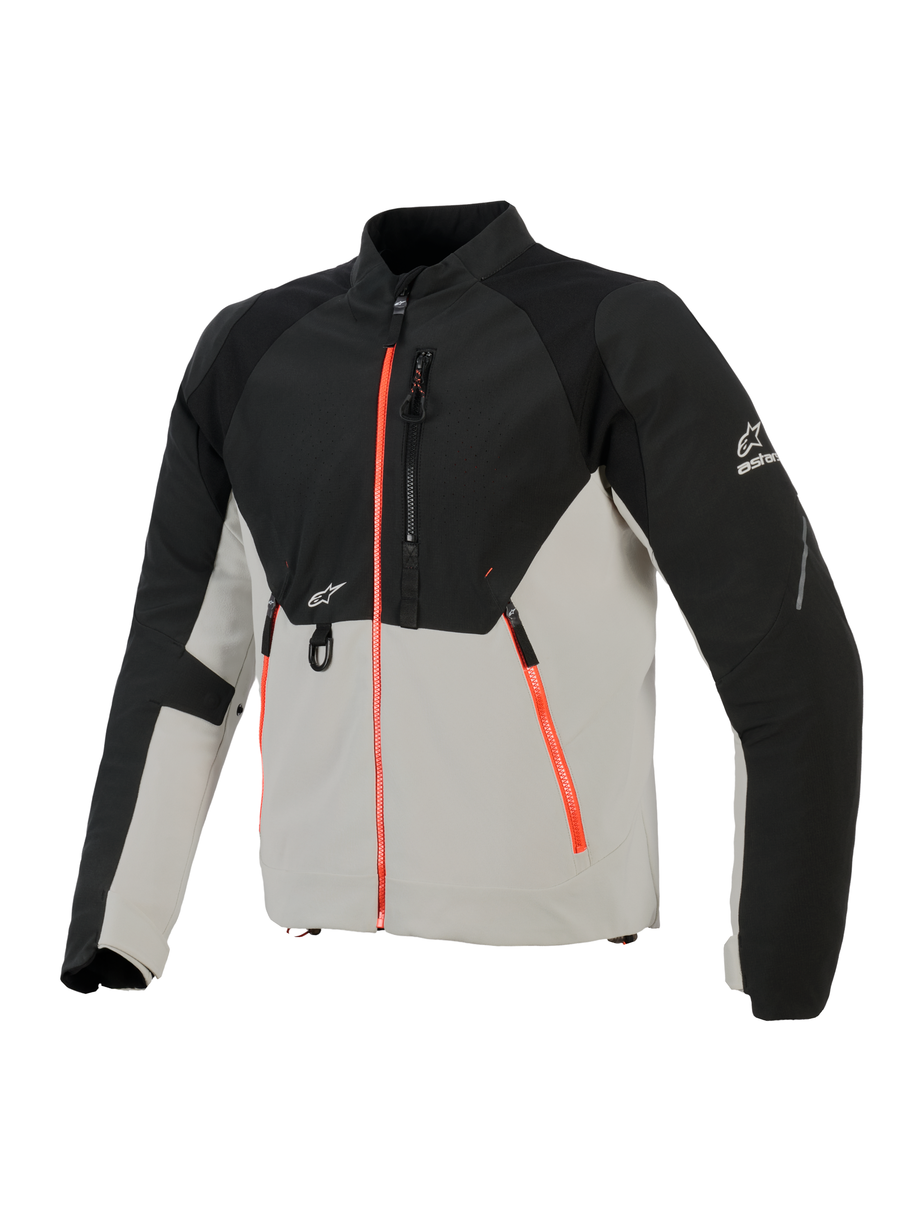 Alpinestars Provoke Jacket, stedelijk motorjack, zwart en metaalgrijs met fluorescerend rode ritsaccenten, voorzien van lasergeperforeerde borstpanelen, ripstop softshell-versterkingen en D-ring bevestiging aan de voorzijde, straatklaar ontwerp voor rijden bij warm weer