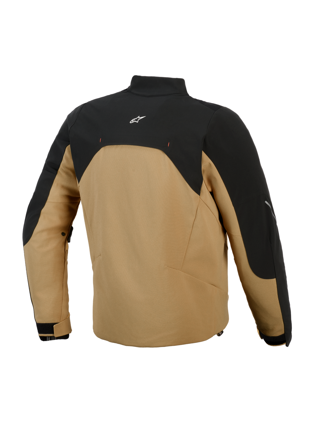 Alpinestars Provoke Jacket, stedelijke motorjas, Zwart en Camel, achteraanzicht met zwart bovenpaneel en wit logo, camel-kleurige softshell body, eigentijds silhouet met reflecterende accenten, ontworpen voor stadsrijders
