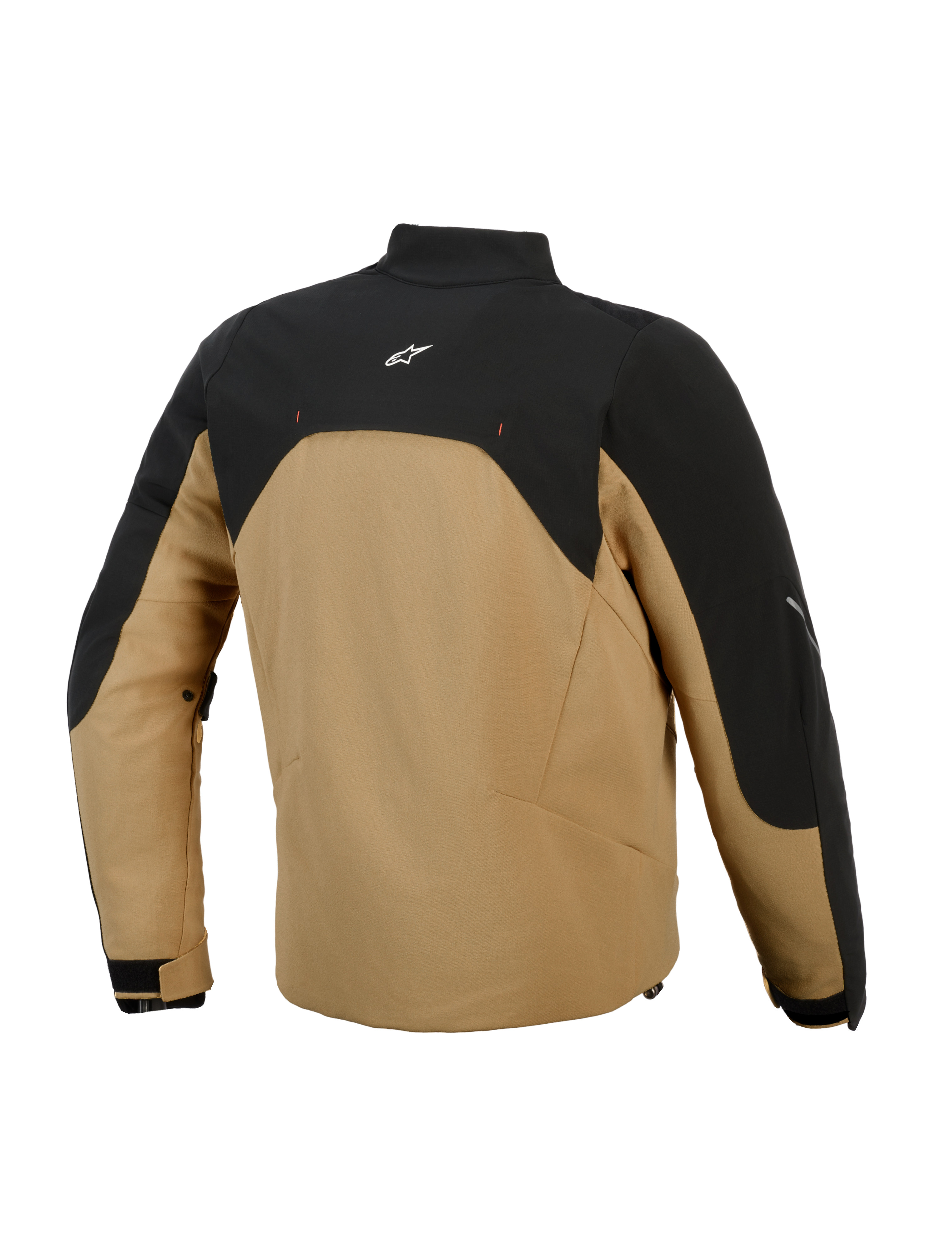 Alpinestars Provoke Jacket, stedelijke motorjas, Zwart en Camel, achteraanzicht met zwart bovenpaneel en wit logo, camel-kleurige softshell body, eigentijds silhouet met reflecterende accenten, ontworpen voor stadsrijders