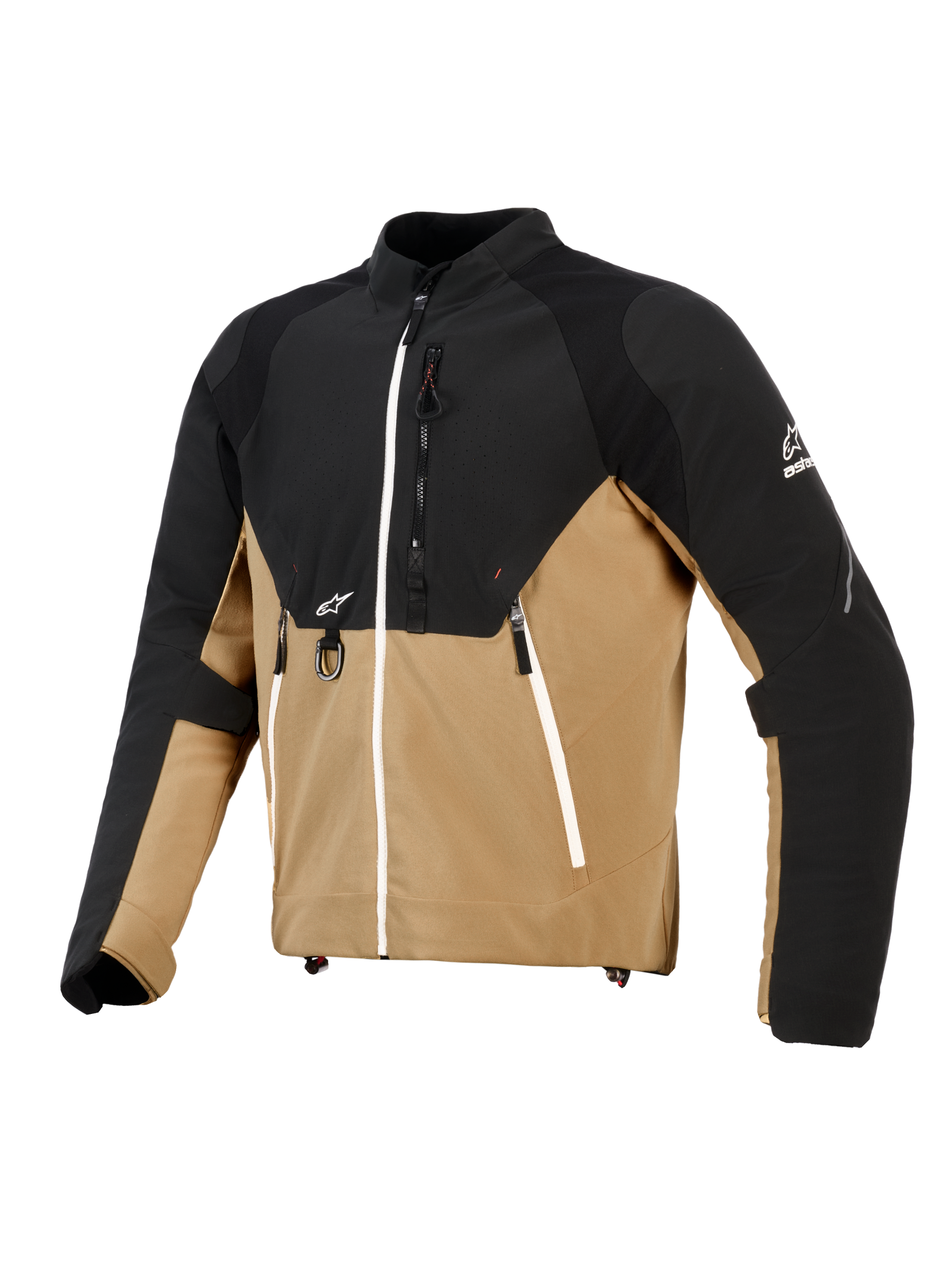 Alpinestars Provoke Jas, stedelijke motorjas, zwart en camel, technische textielconstructie met ripstop-panelen, voorzien van witte ritsaccenten, metalen D-ring aan de voorzijde en Alpinestars-logo's, eigentijds outdoor-geïnspireerd ontwerp