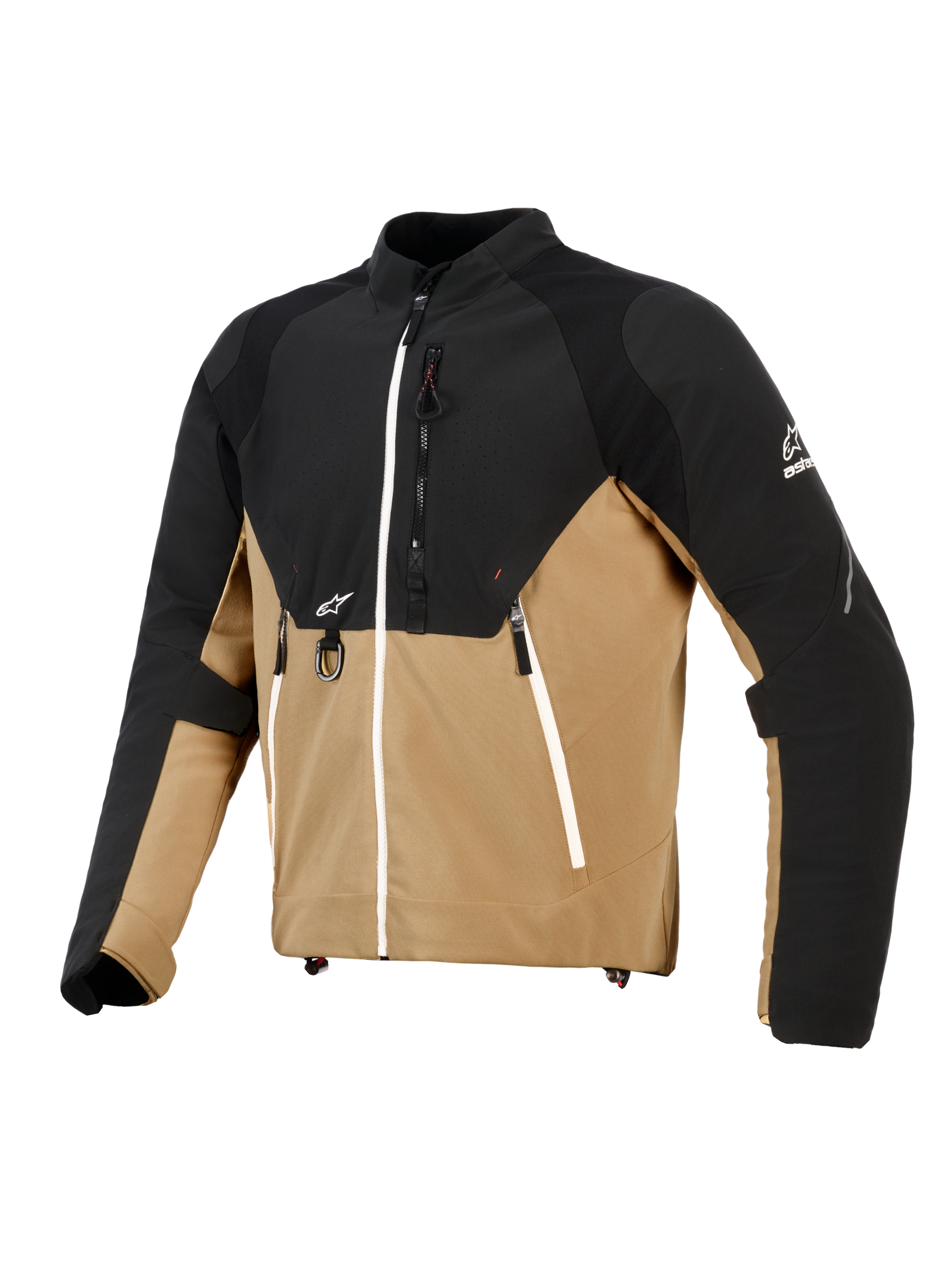 Alpinestars Provoke Jas, stedelijke motorjas, zwart en camel, technische textielconstructie met ripstop-panelen, voorzien van witte ritsaccenten, metalen D-ring aan de voorzijde en Alpinestars-logo's, eigentijds outdoor-geïnspireerd ontwerp
