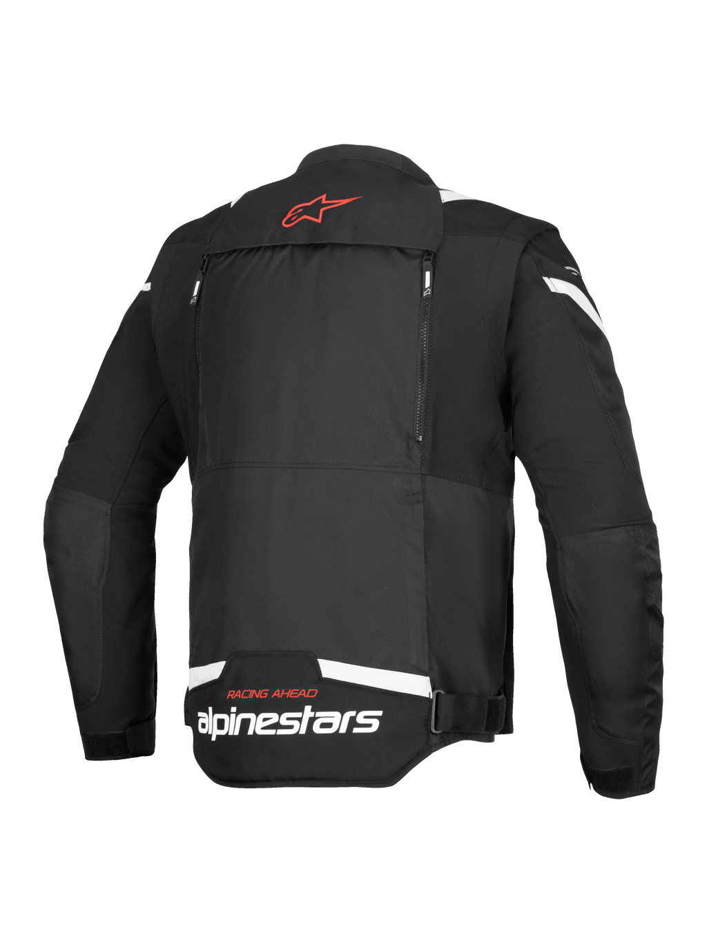Alpinestars T-Stunt Air jas, achteraanzicht, zwart en wit, met een rood sterlogo op de nek, witte branding op de onderrug en verticale ritsen voor het modulaire luchtstroomsysteem.