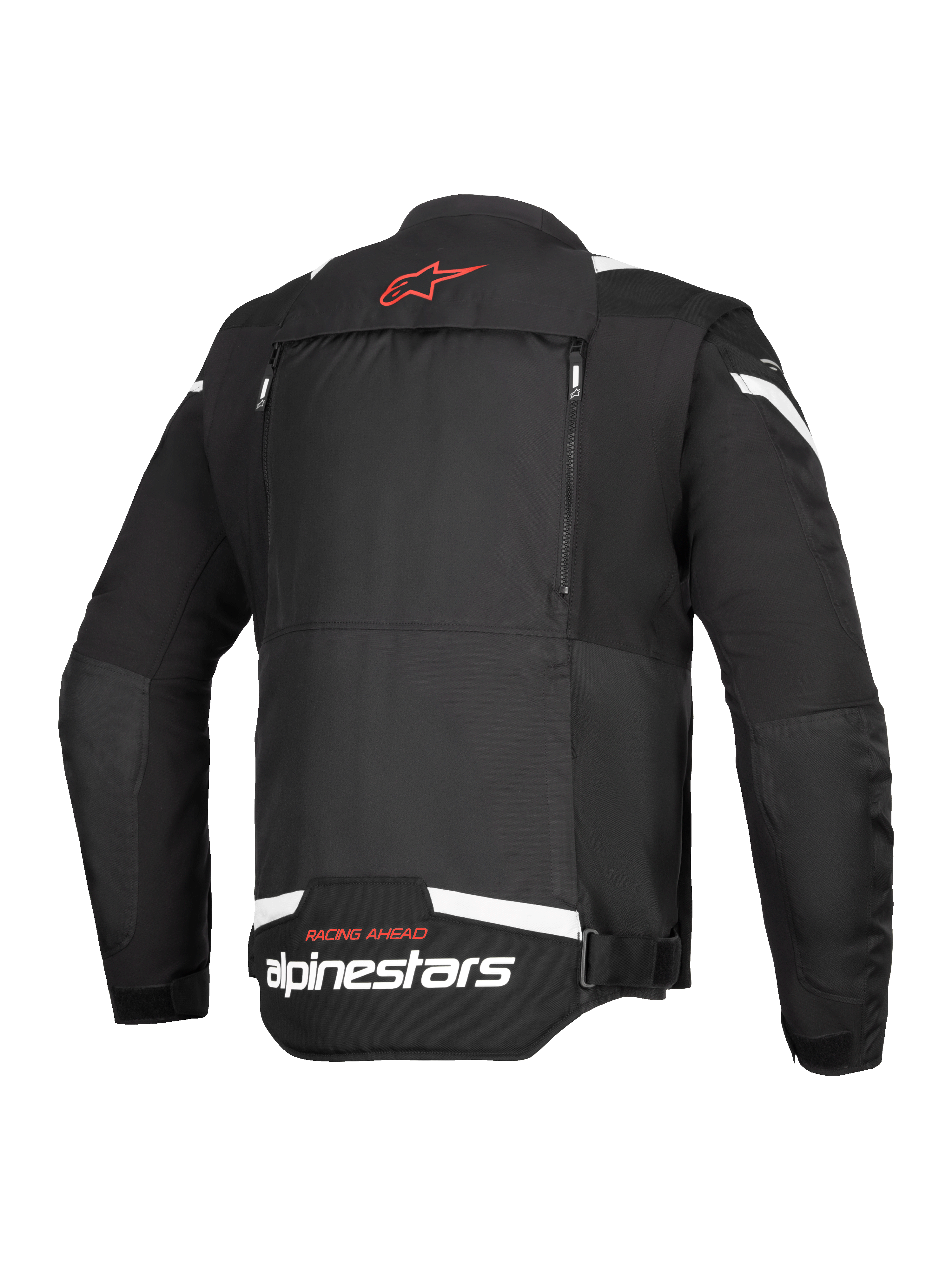Alpinestars T-Stunt Air jas, achteraanzicht, zwart en wit, met een rood sterlogo op de nek, witte branding op de onderrug en verticale ritsen voor het modulaire luchtstroomsysteem.