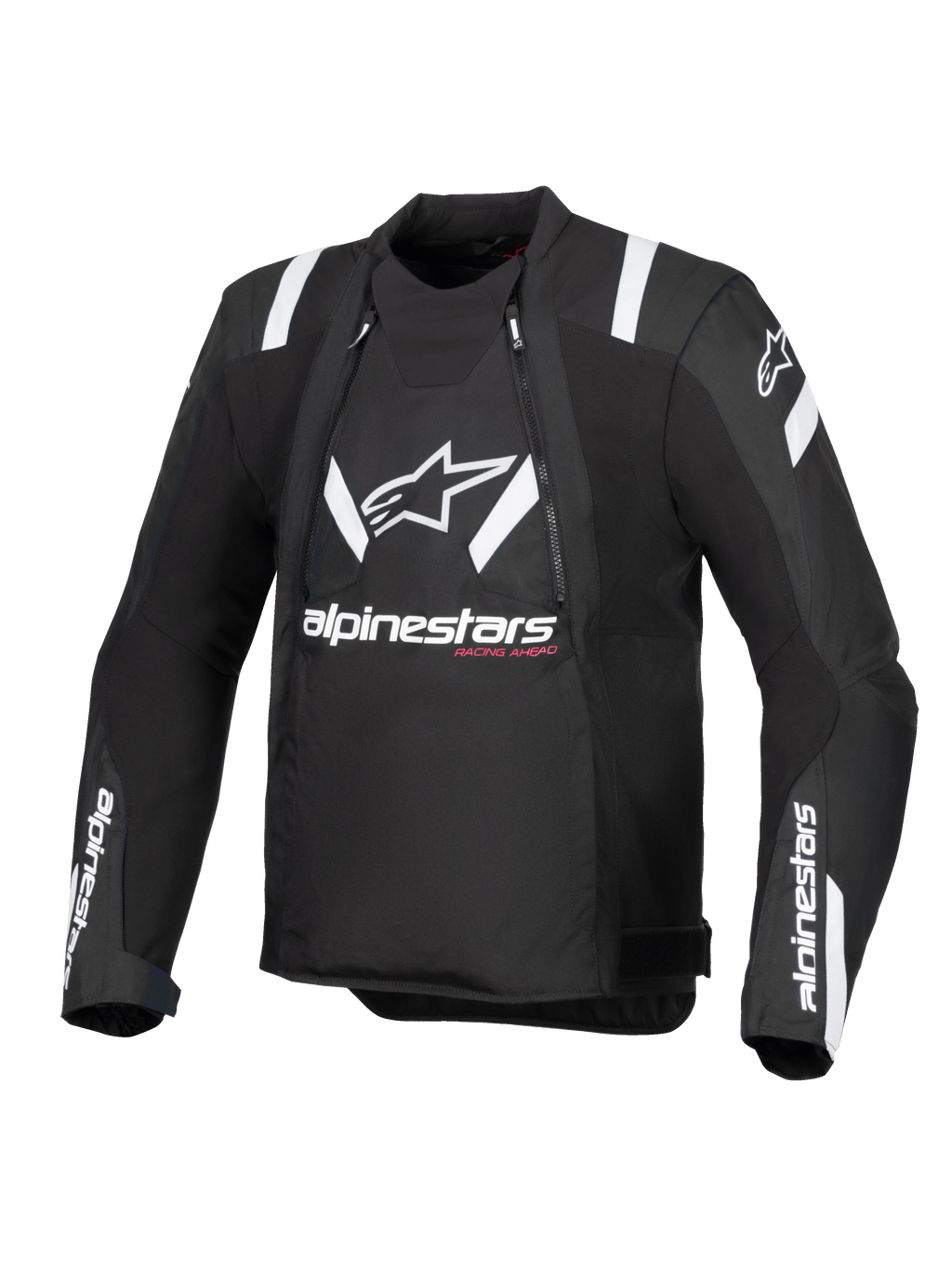 Alpinestars T-Stunt Air Jas, zwart en wit, vooraanzicht van sportief gesneden motorjas, met groot wit Alpinestars-logo en tekst op de borst, witte accenten op de schouders en mesh-panelen voor modulaire ventilatie
