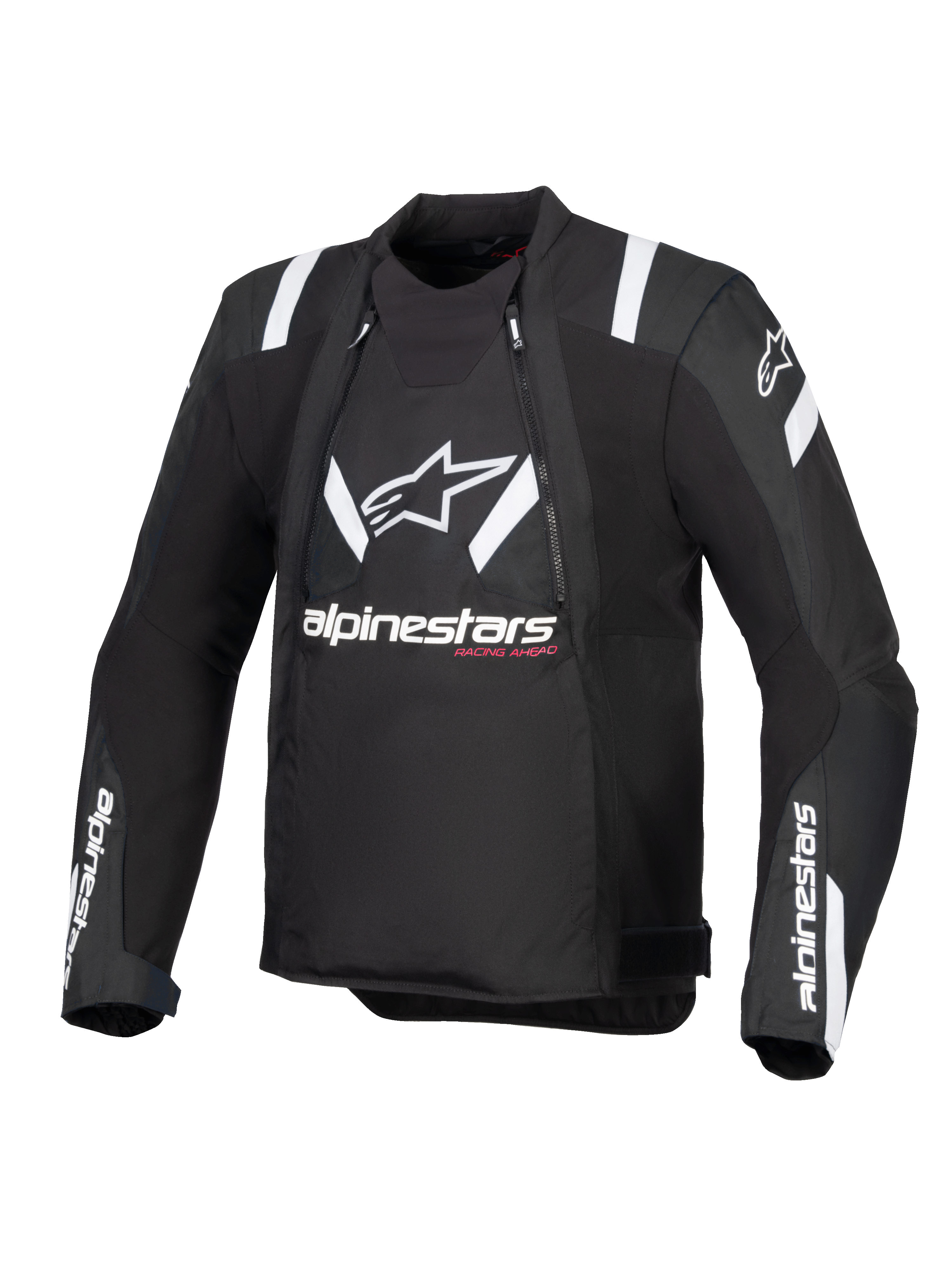 Alpinestars T-Stunt Air Jas, zwart en wit, vooraanzicht van sportief gesneden motorjas, met groot wit Alpinestars-logo en tekst op de borst, witte accenten op de schouders en mesh-panelen voor modulaire ventilatie