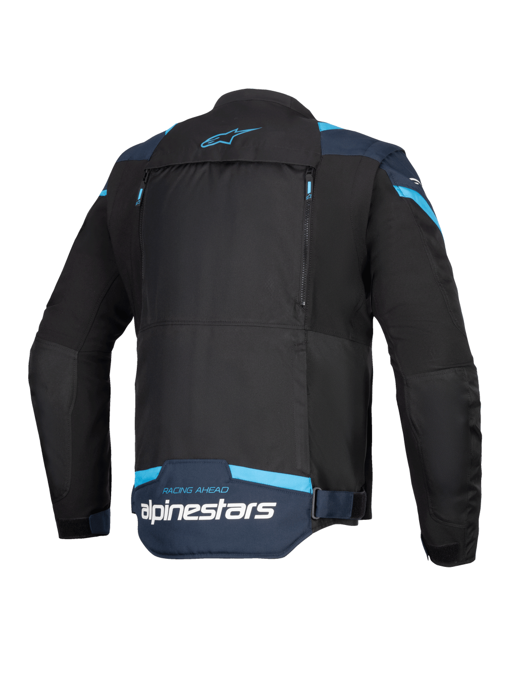 Alpinestars T-Stunt Air jas, motorjas, zwart, donkerblauw en felblauw, achteraanzicht met groot modulair rugpaneel met ritsen, Alpinestars-logo en 'Racing Ahead'-tekst op de onderrug