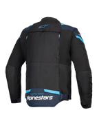 Alpinestars T-Stunt Air jas, motorjas, zwart, donkerblauw en felblauw, achteraanzicht met groot modulair rugpaneel met ritsen, Alpinestars-logo en 'Racing Ahead'-tekst op de onderrug