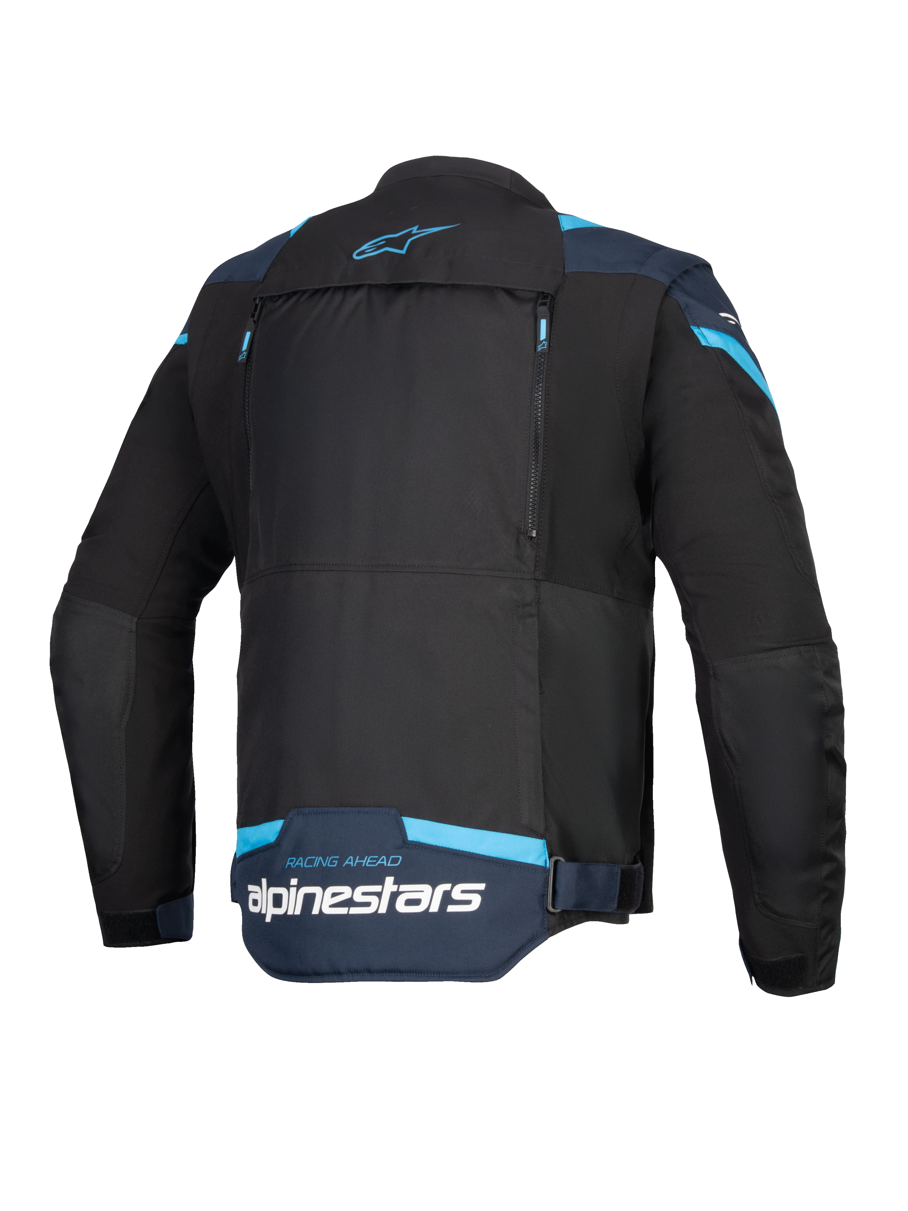Alpinestars T-Stunt Air jas, motorjas, zwart, donkerblauw en felblauw, achteraanzicht met groot modulair rugpaneel met ritsen, Alpinestars-logo en 'Racing Ahead'-tekst op de onderrug