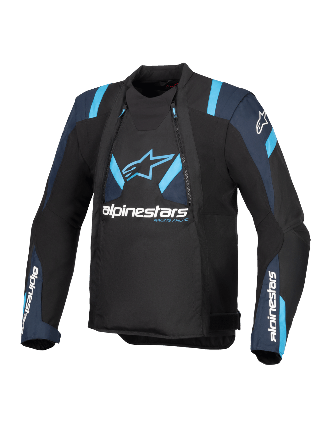 Alpinestars T-Stunt Air Jacket, zwart met donkerblauwe en felblauwe accenten, textiele motorjas met modulaire mesh-panelen, Alpinestars-branding op de borst en mouwen, strak sportief gesneden ontwerp