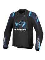 Alpinestars T-Stunt Air Jacket, zwart met donkerblauwe en felblauwe accenten, textiele motorjas met modulaire mesh-panelen, Alpinestars-branding op de borst en mouwen, strak sportief gesneden ontwerp