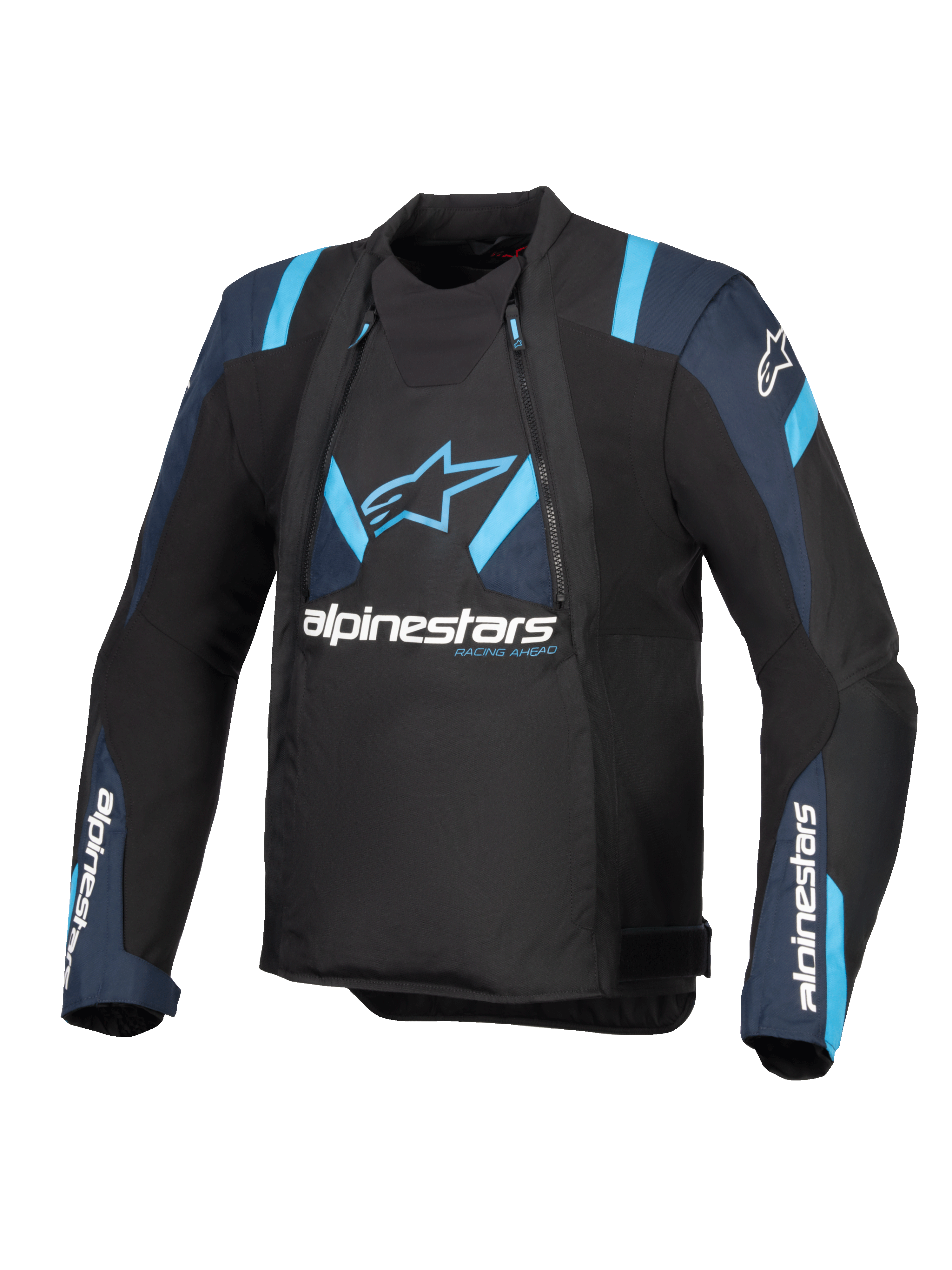 Alpinestars T-Stunt Air Jacket, zwart met donkerblauwe en felblauwe accenten, textiele motorjas met modulaire mesh-panelen, Alpinestars-branding op de borst en mouwen, strak sportief gesneden ontwerp