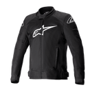 Alpinestars T-SP X Superair motorjas, zwarte motorjas met groot wit Alpinestars-logo op de borst, mesh-panelen voor luchtstroom, ritssluiting aan de voorzijde, verstelbare taillebanden, voorgevormde mouwen, ontworpen voor sportieve prestaties op de weg