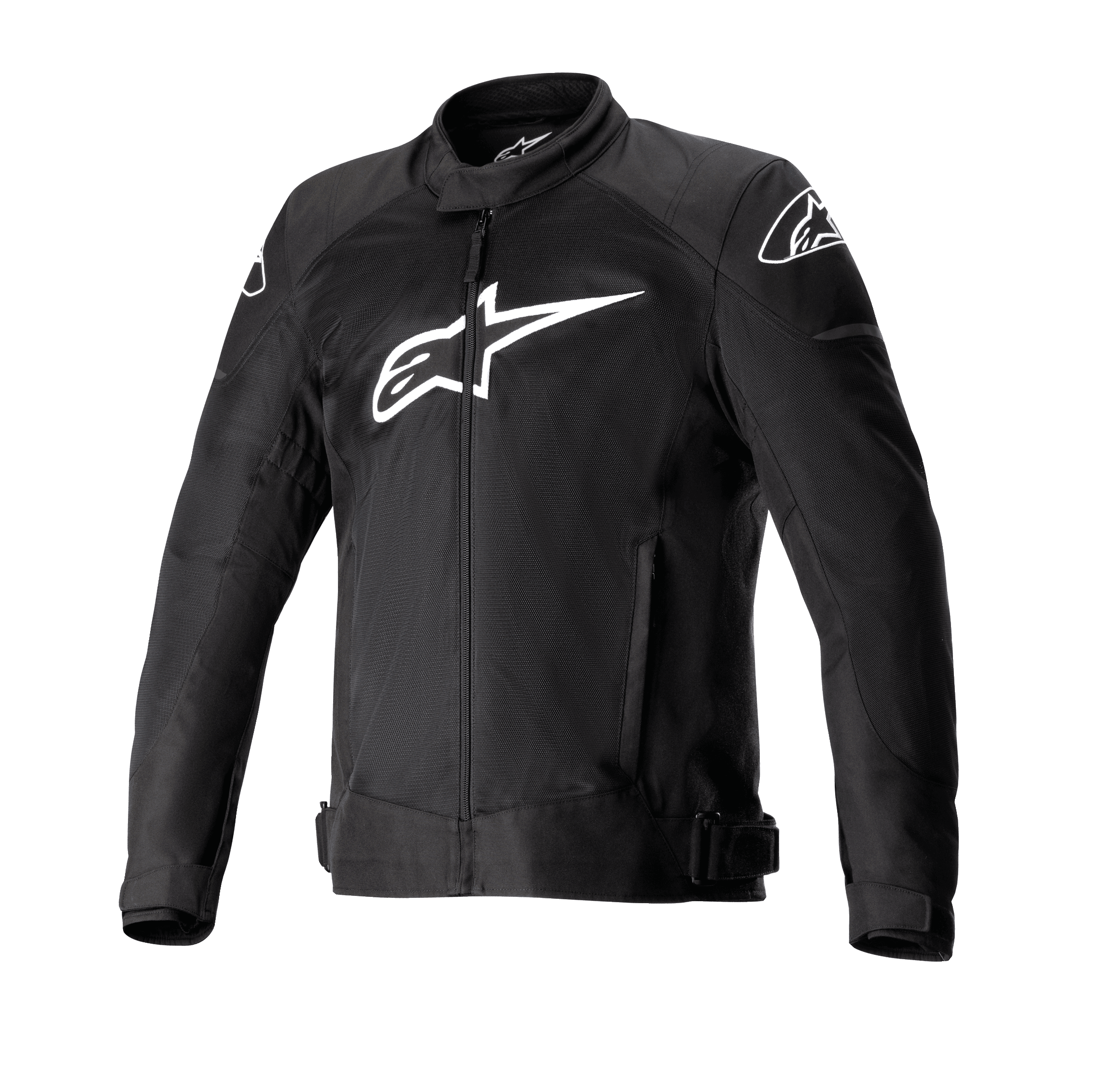 Alpinestars T-SP X Superair motorjas, zwarte motorjas met groot wit Alpinestars-logo op de borst, mesh-panelen voor luchtstroom, ritssluiting aan de voorzijde, verstelbare taillebanden, voorgevormde mouwen, ontworpen voor sportieve prestaties op de weg