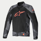 Alpinestars T-SP X Superair Jacket, Textile Motorcycle Jacket, Gray Camo and Red Fluo, featuring large fluo red logo on the chest, mesh paneling for ventilation, camouflage print on shoulders and sleeves, sport-fit design with front zipper