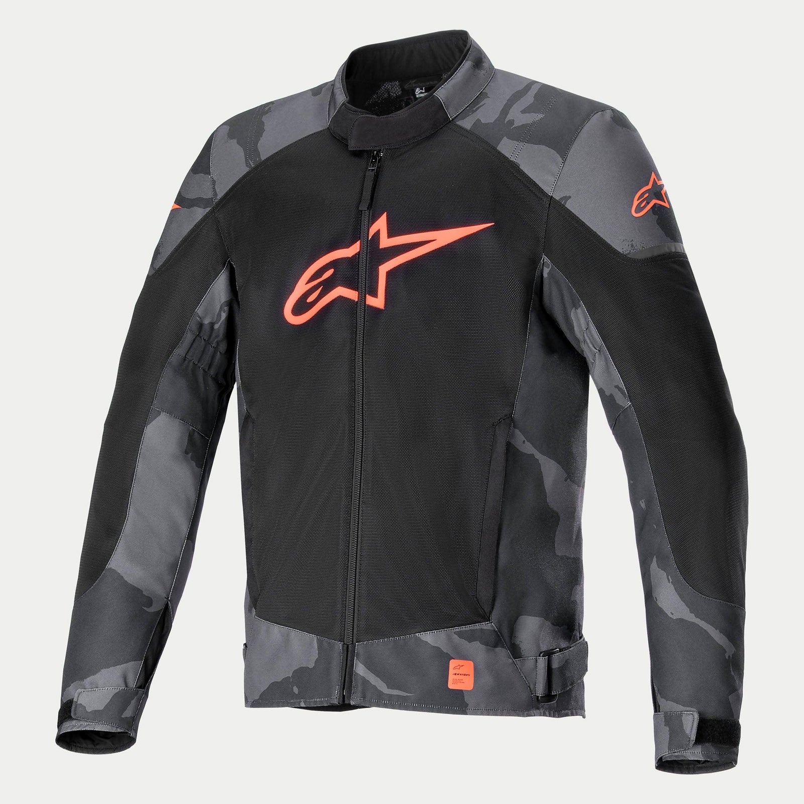 Alpinestars T-SP X Superair Jacket, Textile Motorcycle Jacket, Gray Camo and Red Fluo, featuring large fluo red logo on the chest, mesh paneling for ventilation, camouflage print on shoulders and sleeves, sport-fit design with front zipper