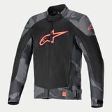 Alpinestars T-SP X Superair Jacket, Textile Motorcycle Jacket, Gray Camo and Red Fluo, featuring a large fluorescent red Alpinestars logo on a black mesh torso, camouflage patterned sleeves and shoulders, lightweight construction with high-flow ventilation panels