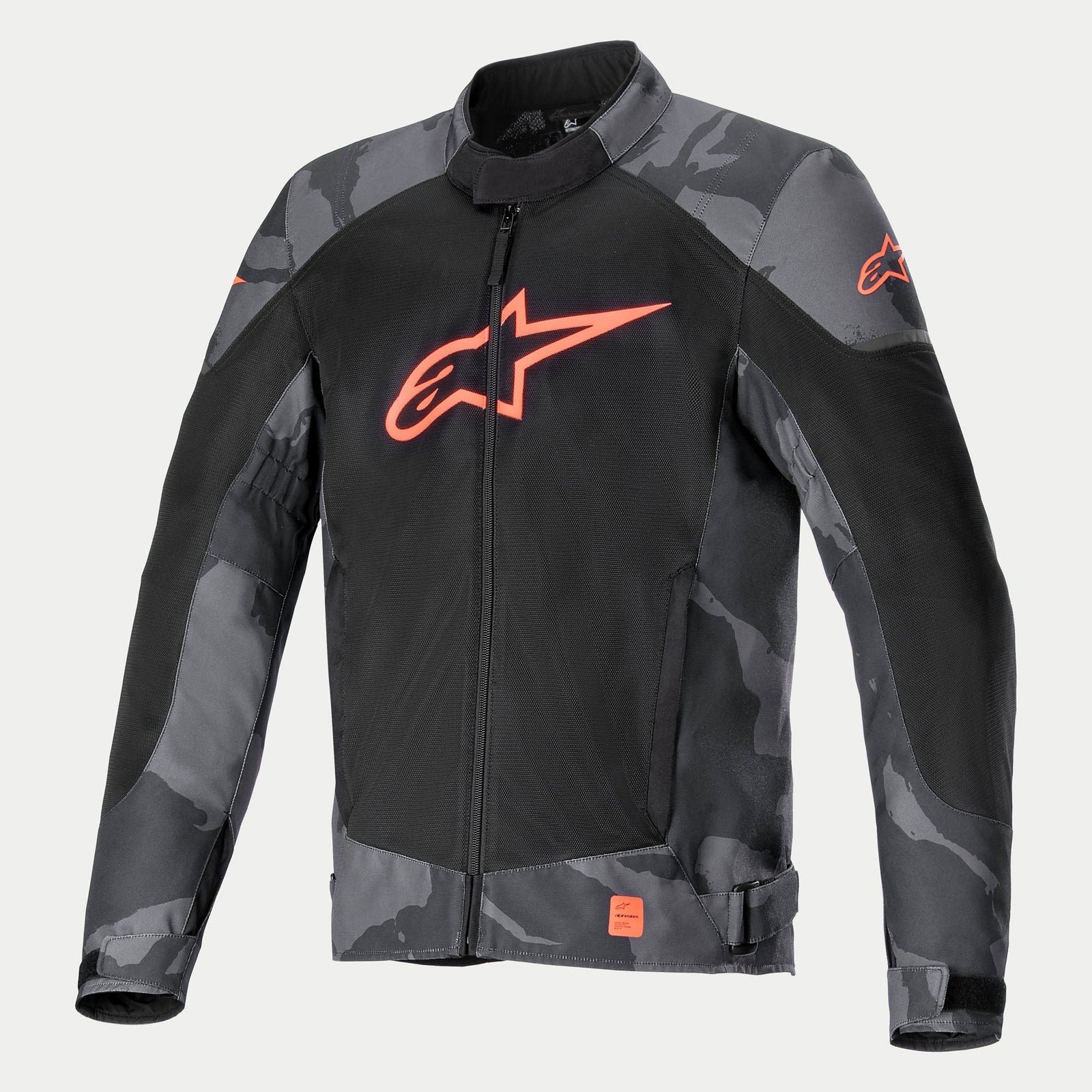Alpinestars T-SP X Superair Jacket, Textile Motorcycle Jacket, Gray Camo and Red Fluo, featuring a large fluorescent red Alpinestars logo on a black mesh torso, camouflage patterned sleeves and shoulders, lightweight construction with high-flow ventilation panels