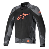 Alpinestars T-SP X Superair Jacket, Textile Motorcycle Jacket, Gray Camo and Red Fluo, featuring black mesh panels for airflow, gray camouflage pattern on sleeves and shoulders, bright orange Astars logo on the chest, sport fit design