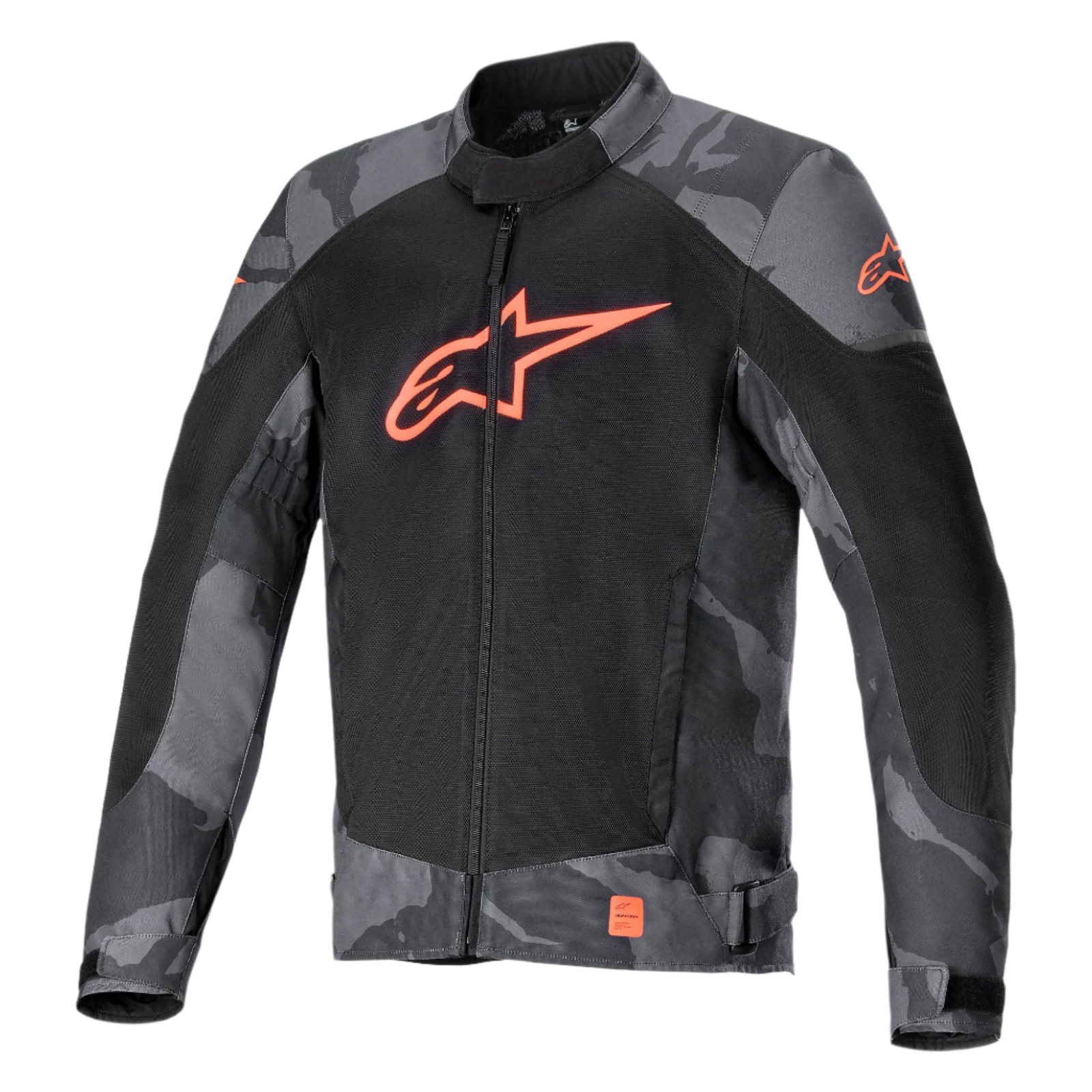Alpinestars T-SP X Superair Jacket, Textile Motorcycle Jacket, Gray Camo and Red Fluo, featuring black mesh panels for airflow, gray camouflage pattern on sleeves and shoulders, bright orange Astars logo on the chest, sport fit design