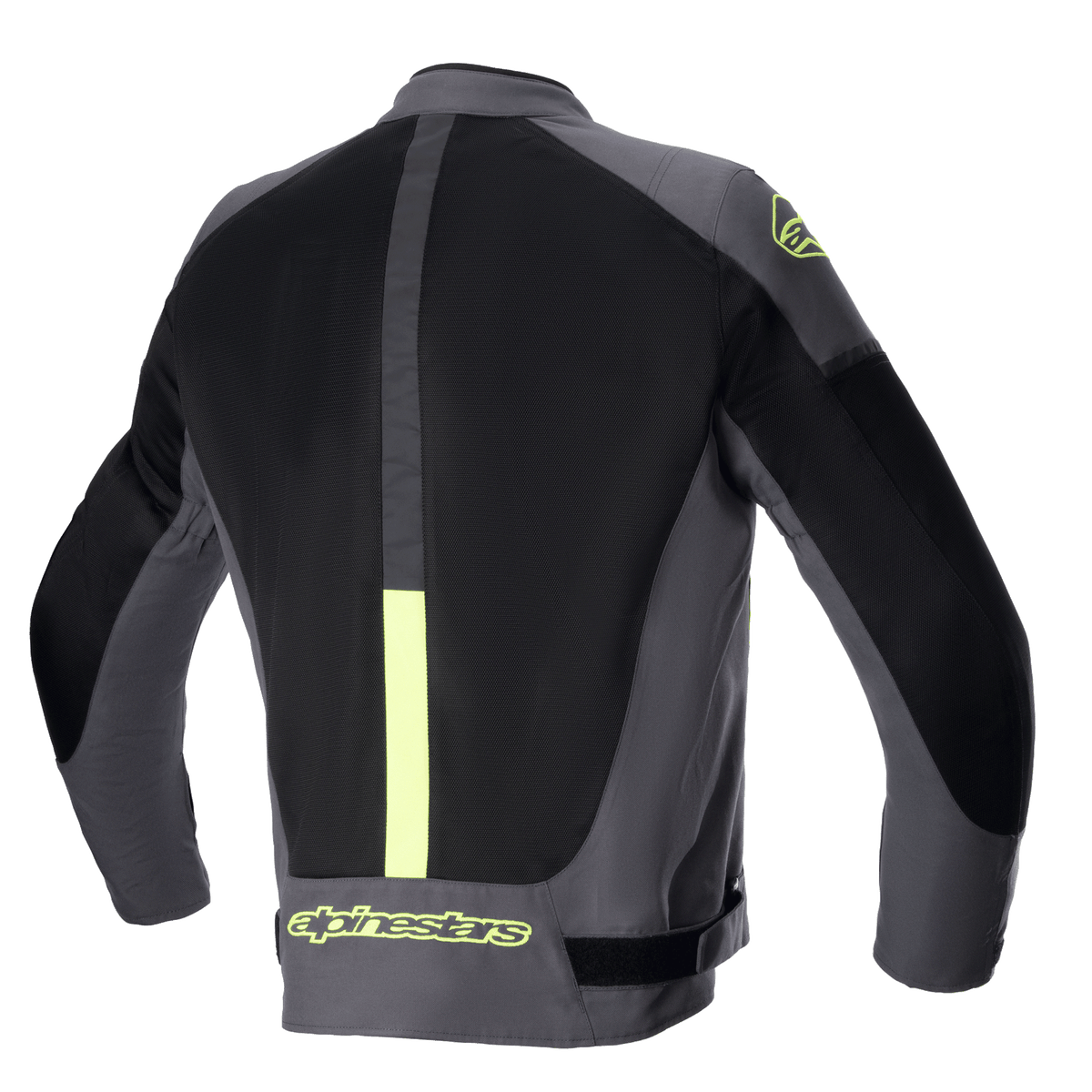 Alpinestars T-SP X Superair Jas, motorjas, Tar Gray, zwart en fluorescerend geel, achteraanzicht met grote mesh-panelen voor ventilatie en fluorescerend gele branding op de onderrug en schouder
