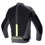 Alpinestars T-SP X Superair Jas, motorjas, Tar Gray, zwart en fluorescerend geel, achteraanzicht met grote mesh-panelen voor ventilatie en fluorescerend gele branding op de onderrug en schouder