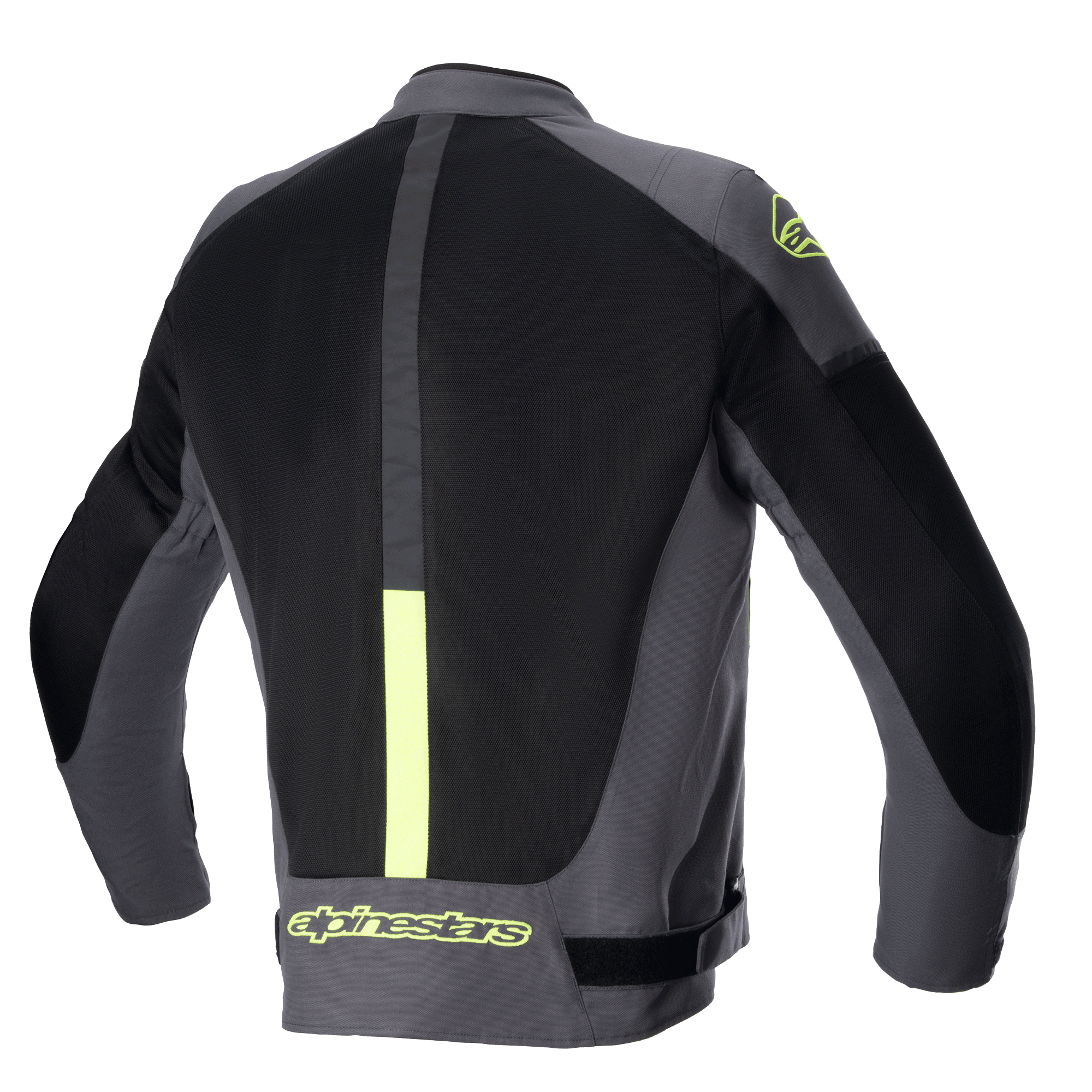 Alpinestars T-SP X Superair Jas, motorjas, Tar Gray, zwart en fluorescerend geel, achteraanzicht met grote mesh-panelen voor ventilatie en fluorescerend gele branding op de onderrug en schouder