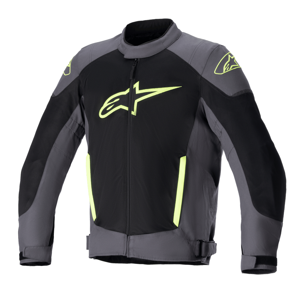 Alpinestars T-SP X Superair motorjas, textiele motorjas, Tar Gray en zwart met felgele accenten, met een groot geel logo op de borst, uitgebreide mesh-panelen voor ventilatie en een sportieve pasvorm voor zomerse ritten