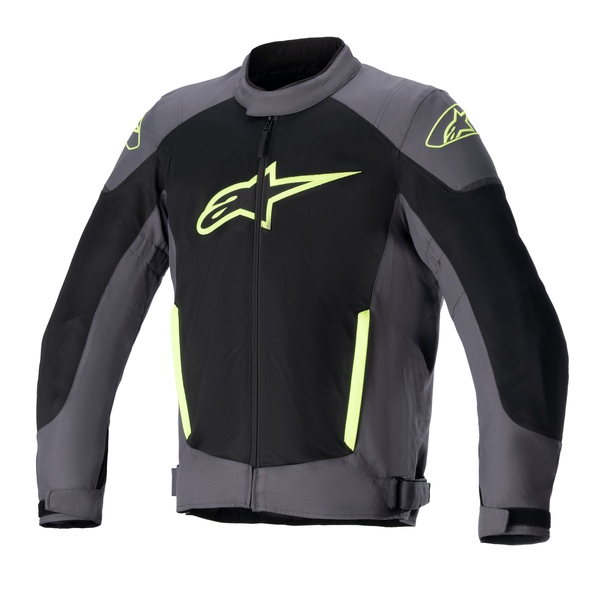 Alpinestars T-SP X Superair motorjas, textiele motorjas, Tar Gray en zwart met felgele accenten, met een groot geel logo op de borst, uitgebreide mesh-panelen voor ventilatie en een sportieve pasvorm voor zomerse ritten