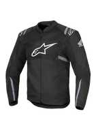 Alpinestars Honda T-SPS Air V2 Jacket, Black textile motorcycle jacket with large white Alpinestars logo on chest and Honda wing logo on sleeve, featuring perforated mesh panels for breathability, gray reflective stripes on sleeves and waist, and front zipper closure.