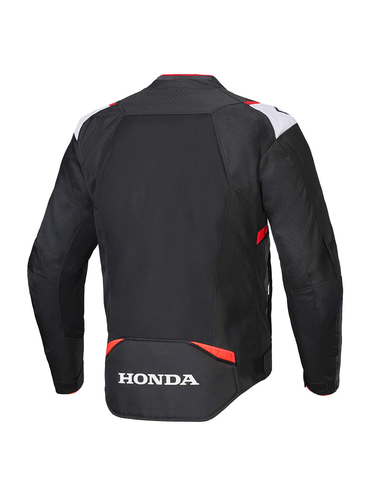 Alpinestars Honda T-SPS Air V2 Jas, textiele motorjas, zwart, wit en felrood, achteraanzicht met groot mesh-paneel voor luchtstroom en wit Honda-logo op de onderrug, sportief ontwerp voor stedelijk rijden in de zomer