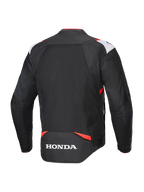Alpinestars Honda T-SPS Air V2 Jas, textiele motorjas, zwart, wit en felrood, achteraanzicht met groot mesh-paneel voor luchtstroom en wit Honda-logo op de onderrug, sportief ontwerp voor stedelijk rijden in de zomer