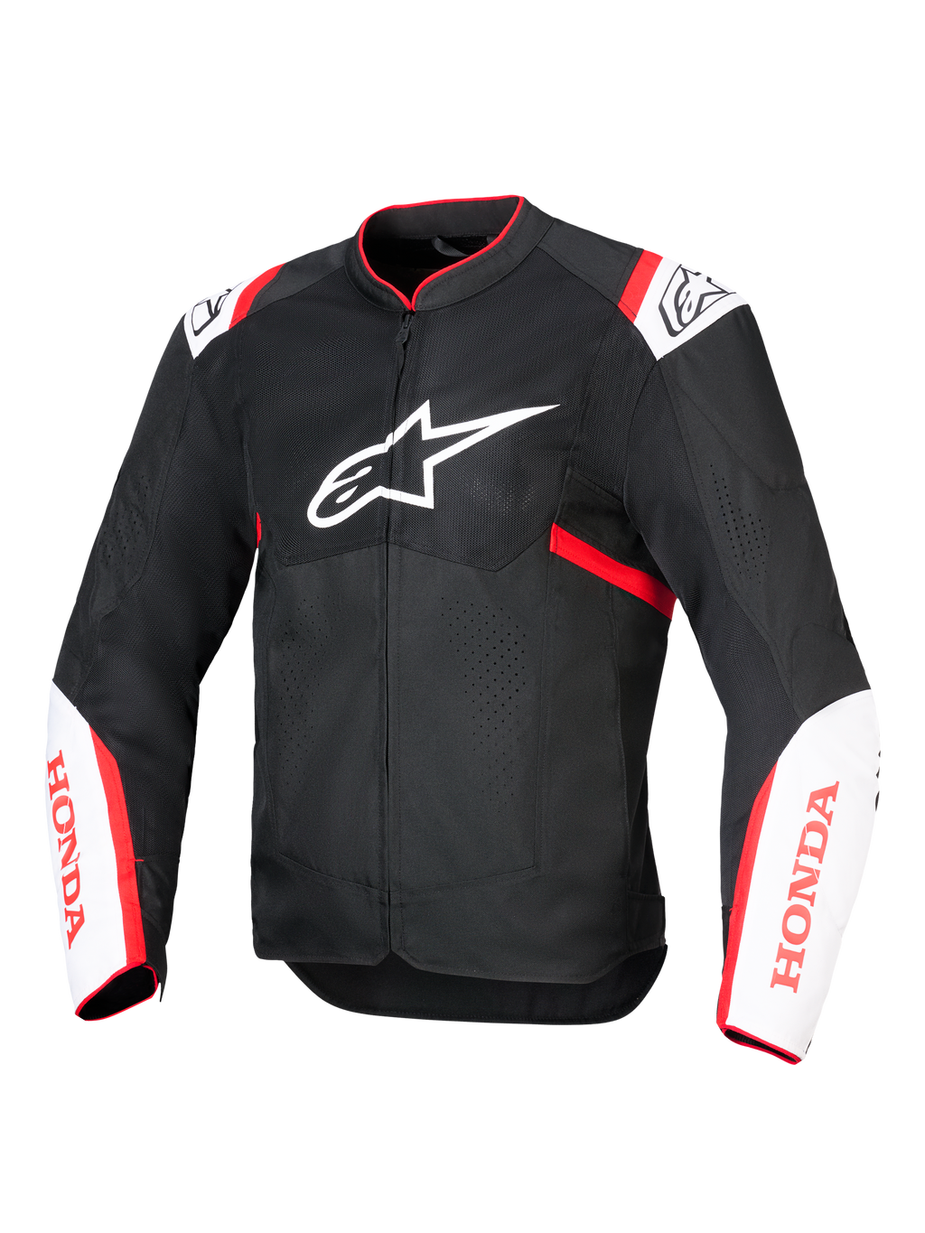 Alpinestars Honda T-SPS Air V2 motorjas, textiel motorjas, zwart met witte en felrode accenten, voorzien van geventileerde tech mesh-panelen, Alpinestars-logo op de borst en rode Honda-branding op de mouwen, sportief urban design voor optimale luchtstroom