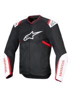 Alpinestars Honda T-SPS Air V2 motorjas, textiel motorjas, zwart met witte en felrode accenten, voorzien van geventileerde tech mesh-panelen, Alpinestars-logo op de borst en rode Honda-branding op de mouwen, sportief urban design voor optimale luchtstroom
