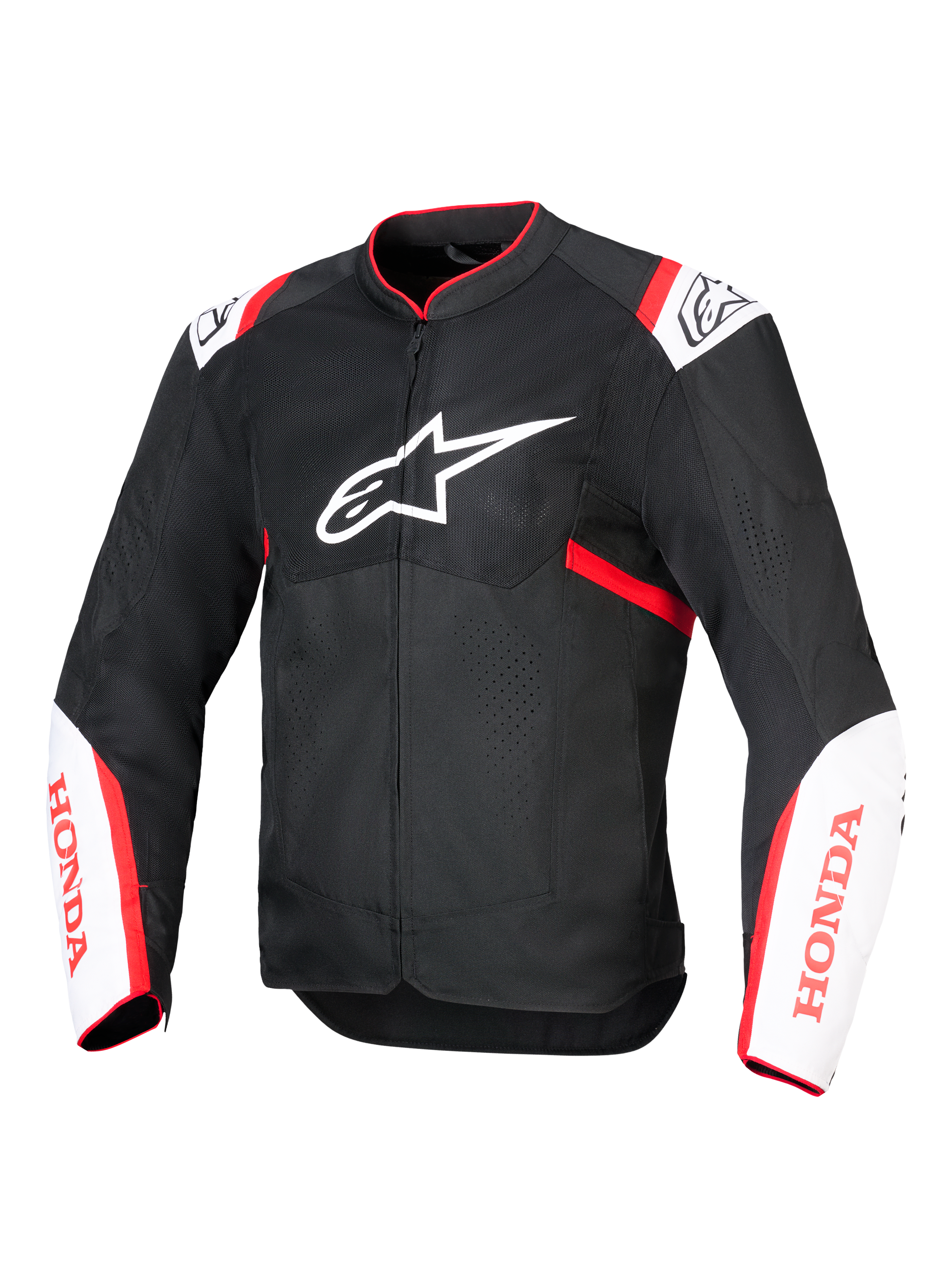Alpinestars Honda T-SPS Air V2 motorjas, textiel motorjas, zwart met witte en felrode accenten, voorzien van geventileerde tech mesh-panelen, Alpinestars-logo op de borst en rode Honda-branding op de mouwen, sportief urban design voor optimale luchtstroom