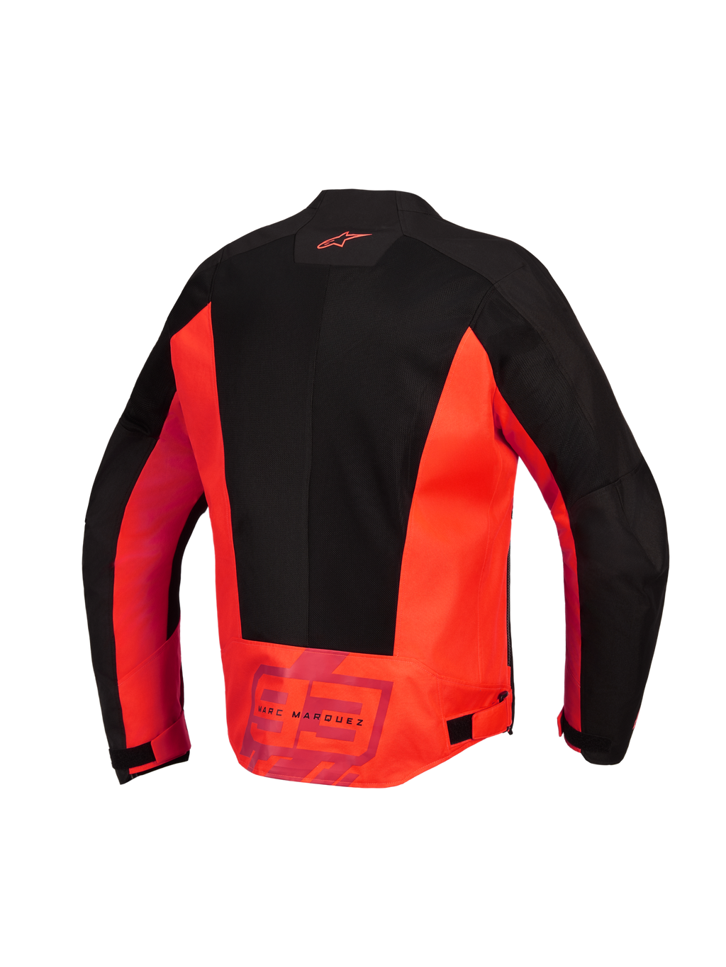 Alpinestars MM93 C-1 Air Jacket, achteraanzicht, fluorood en zwart, textiele motorjas met grote tech mesh panelen, Alpinestars logo op de bovenrug en 'MM93 Marc Marquez' branding op de onderrug, verstelbare taillebanden