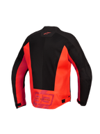 Alpinestars MM93 C-1 Air Jacket, achteraanzicht, fluorood en zwart, textiele motorjas met grote tech mesh panelen, Alpinestars logo op de bovenrug en 'MM93 Marc Marquez' branding op de onderrug, verstelbare taillebanden